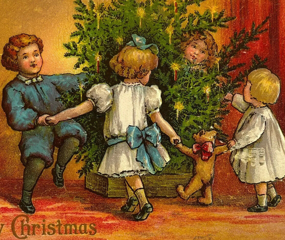 Antique Postcard Christmas 1909 Ephemera Tree With Children And Teddy Bear 1145