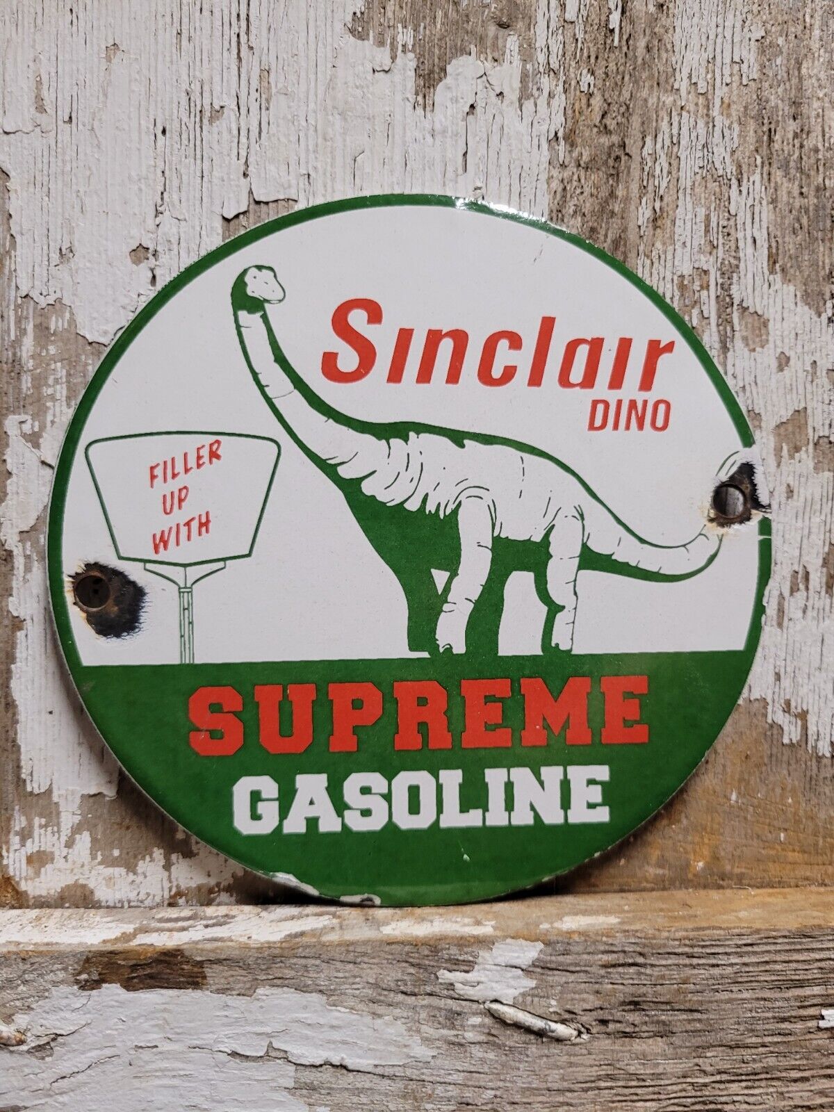VINTAGE SINCLAIR PORCELAIN SIGN DINO SUPREME GASOLINE MOTOR OIL SALES SERVICE 6\