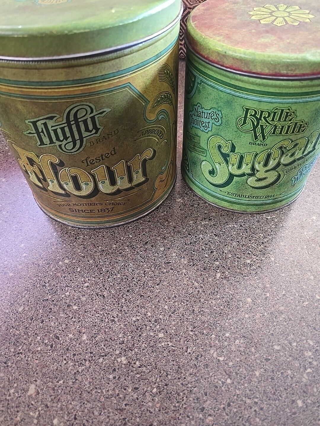2 Vintage Canister Fluffy Flour and Brite White Sugar Nesting Tins