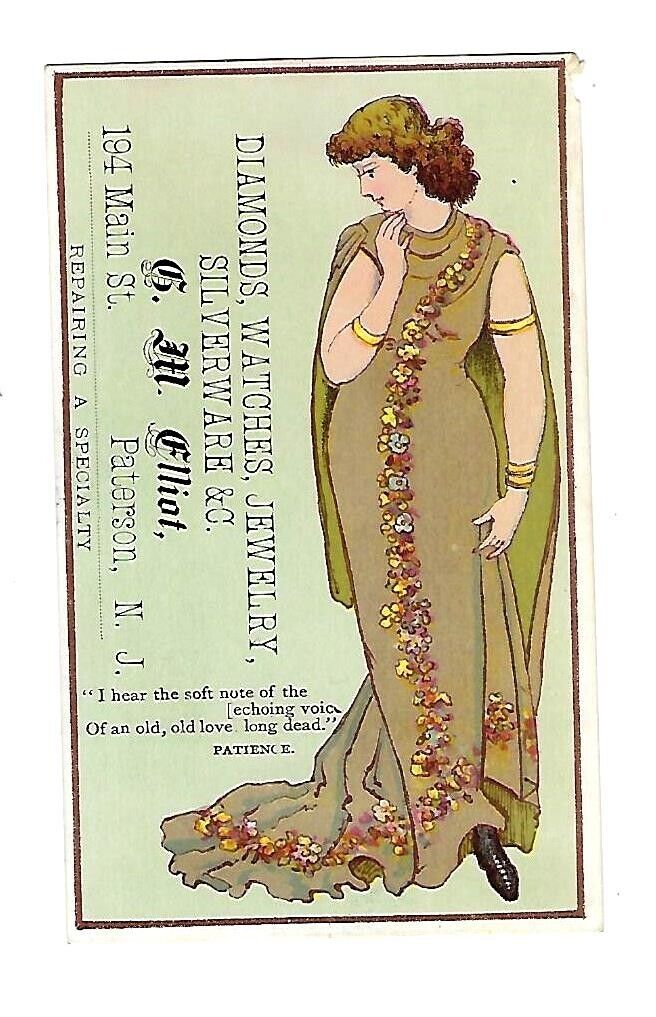 c1890's Victorian Trade Card G.M. Elliot, Jewler Paterson, NJ, Victorian Lady