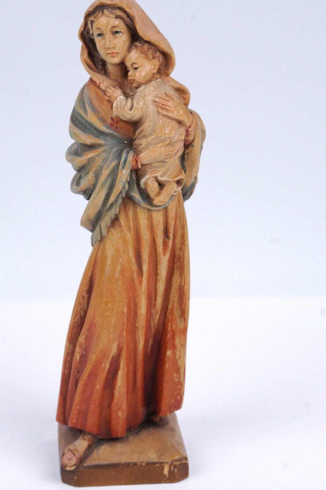 Vintage Anri Wood Hand Carved Painted Madonna Holding Jesus Statue 7.75