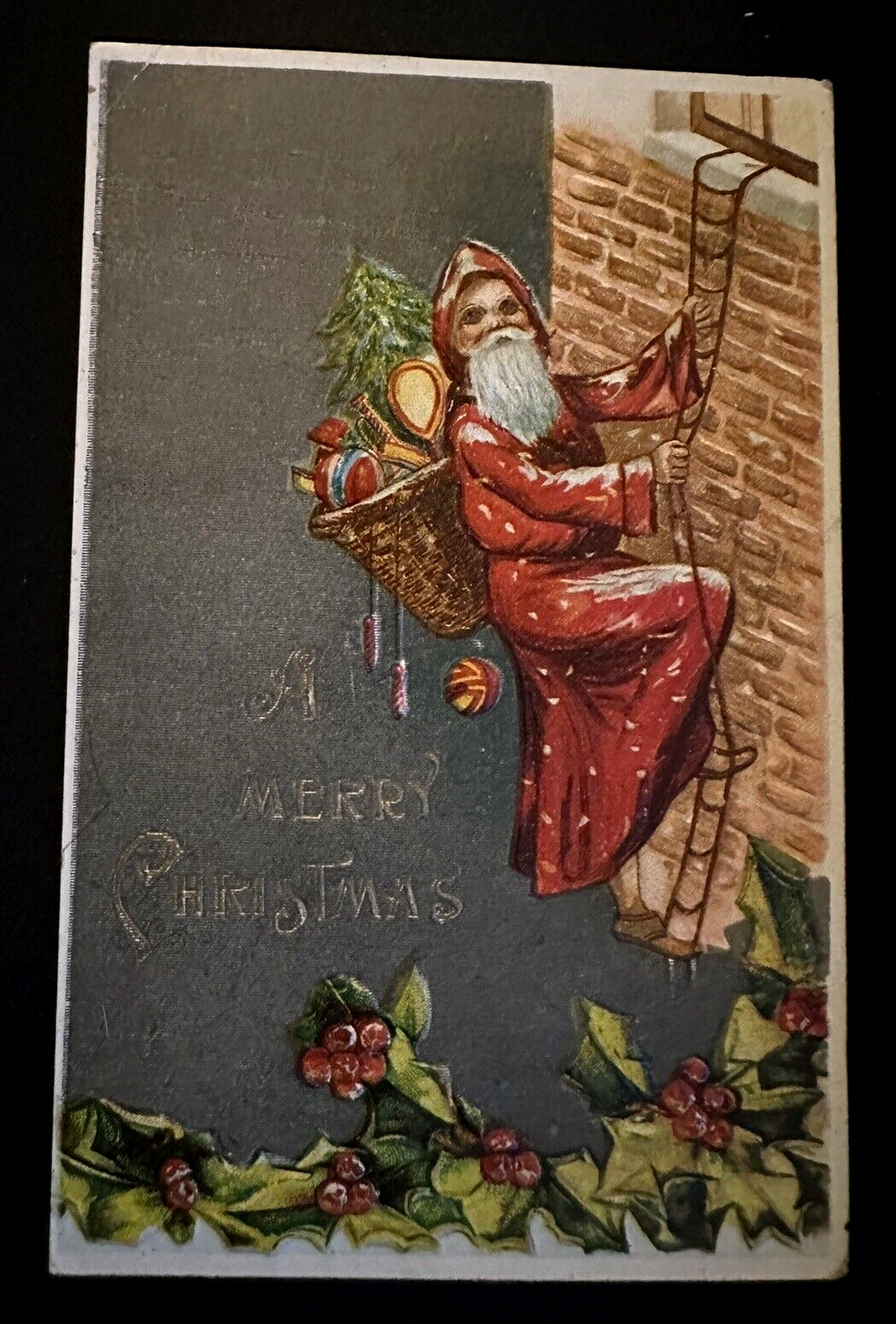 Santa Claus on Ladder with Toys~Antique ~Embossed~Christmas Postcard~k488