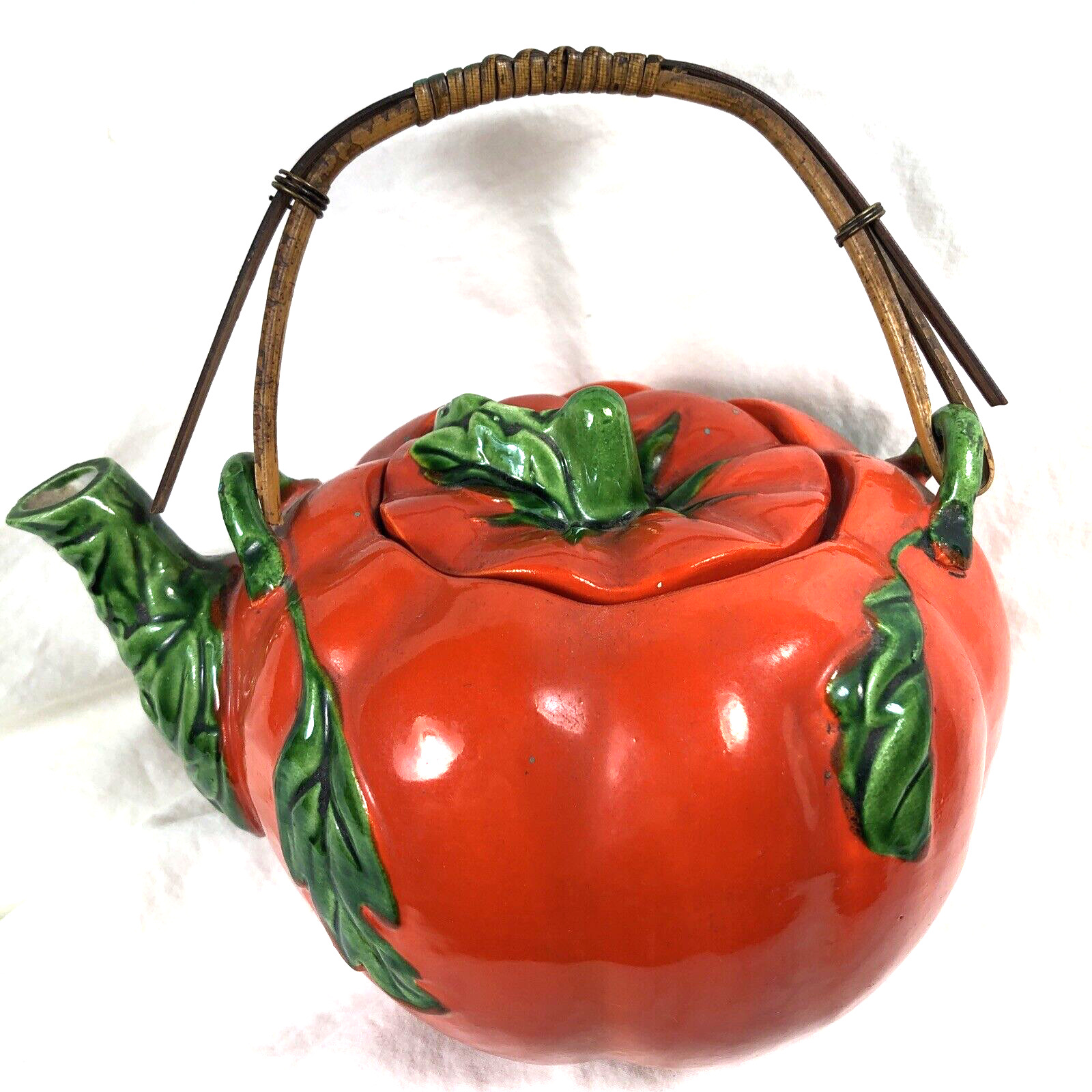 Pumpkin Tomato Tea Pot 26 oz Hand Painted Japan Maruhon Orange/Red Bamboo Handle