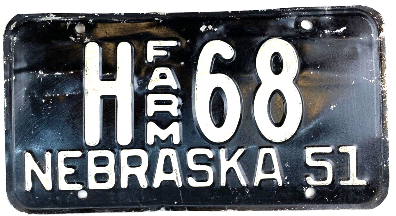 Nebraska 1951 Farm License Plate Man Cave Vintage Garage H 68 Decor Collector