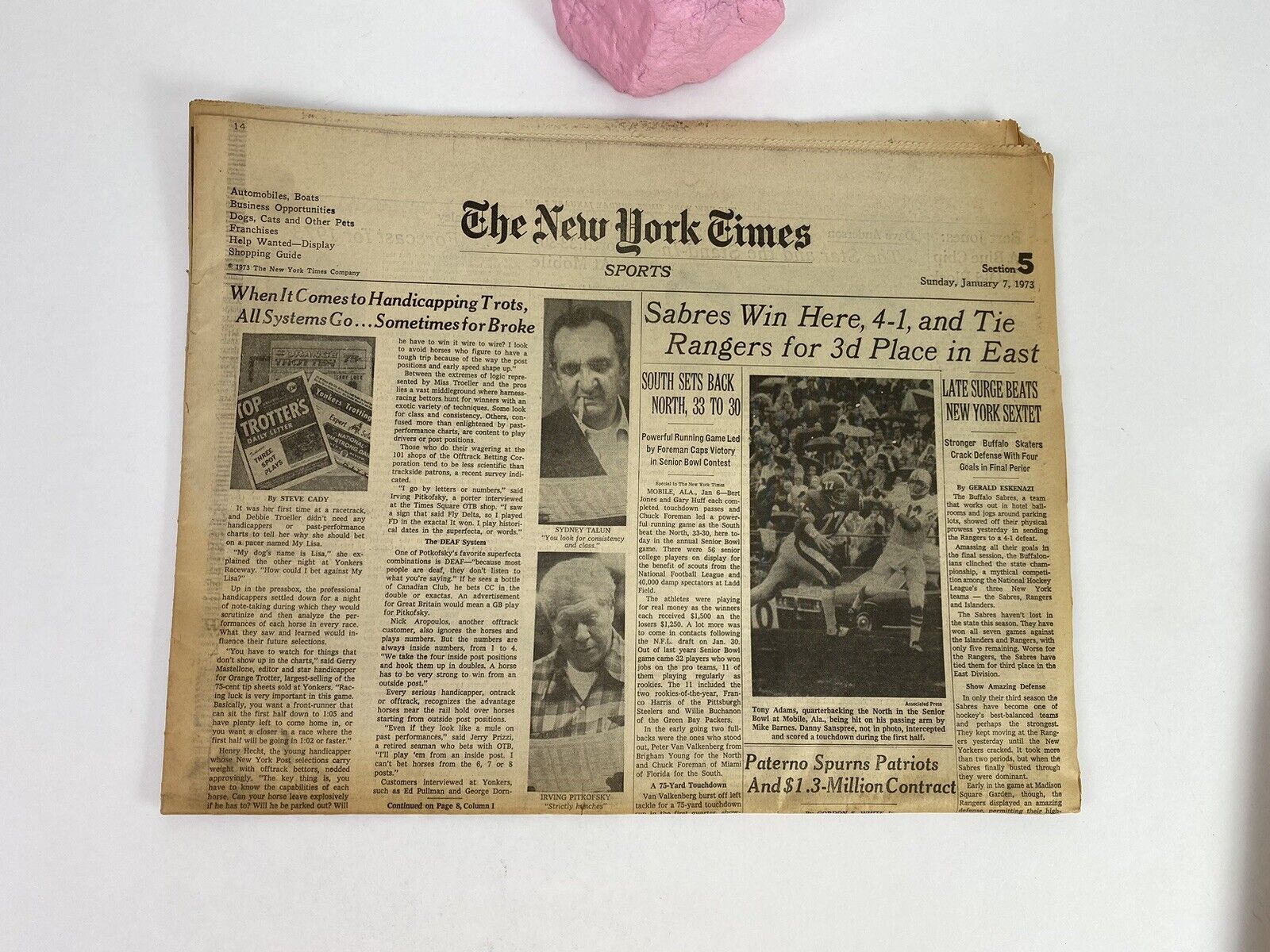 1973 New York Times Sports Jan 7 - Sabres Win, Trots Handicapping, ECAC Oppose S