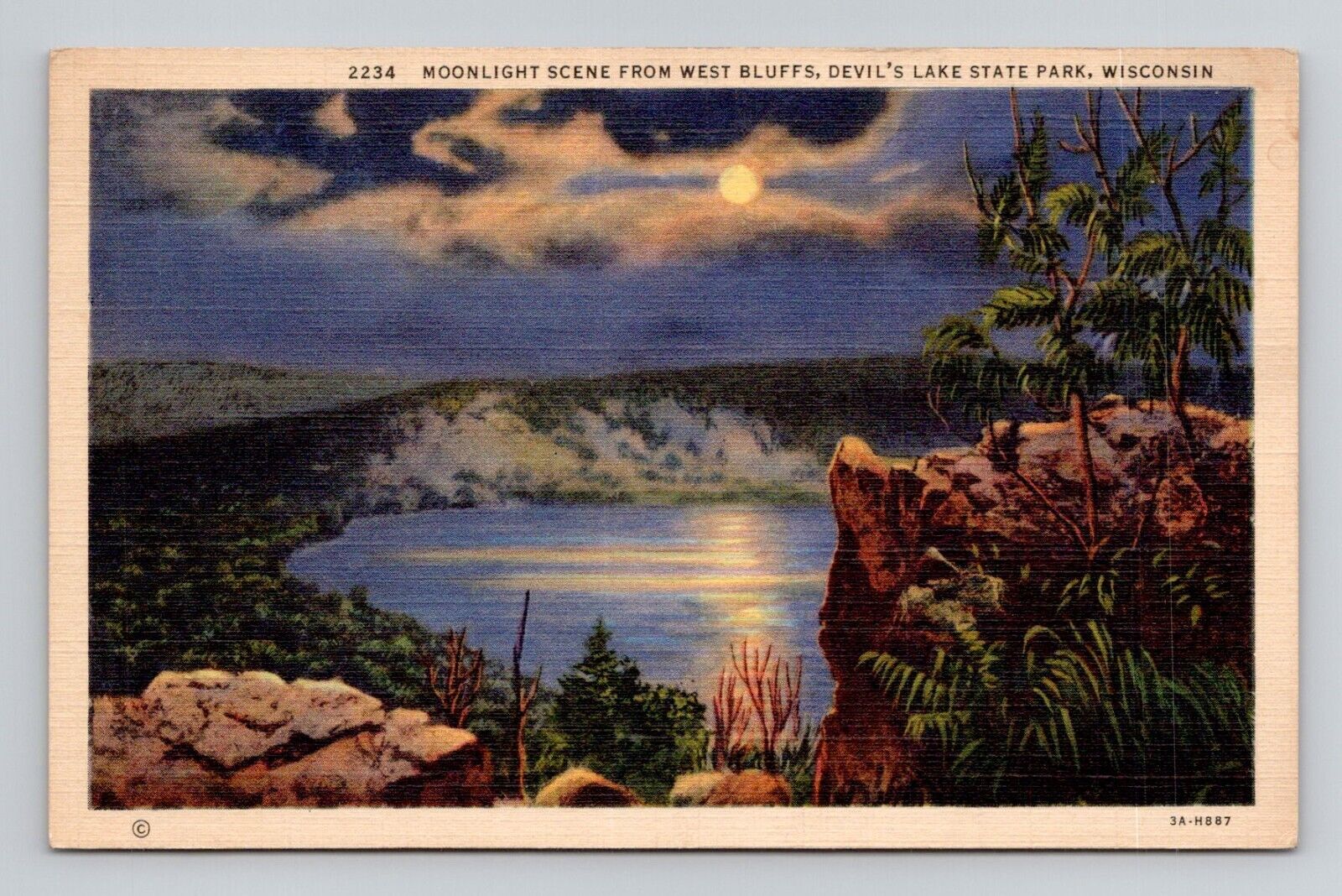 Postcard Devil's Lake State Park at Night Wisconsin, Vintage Linen K3