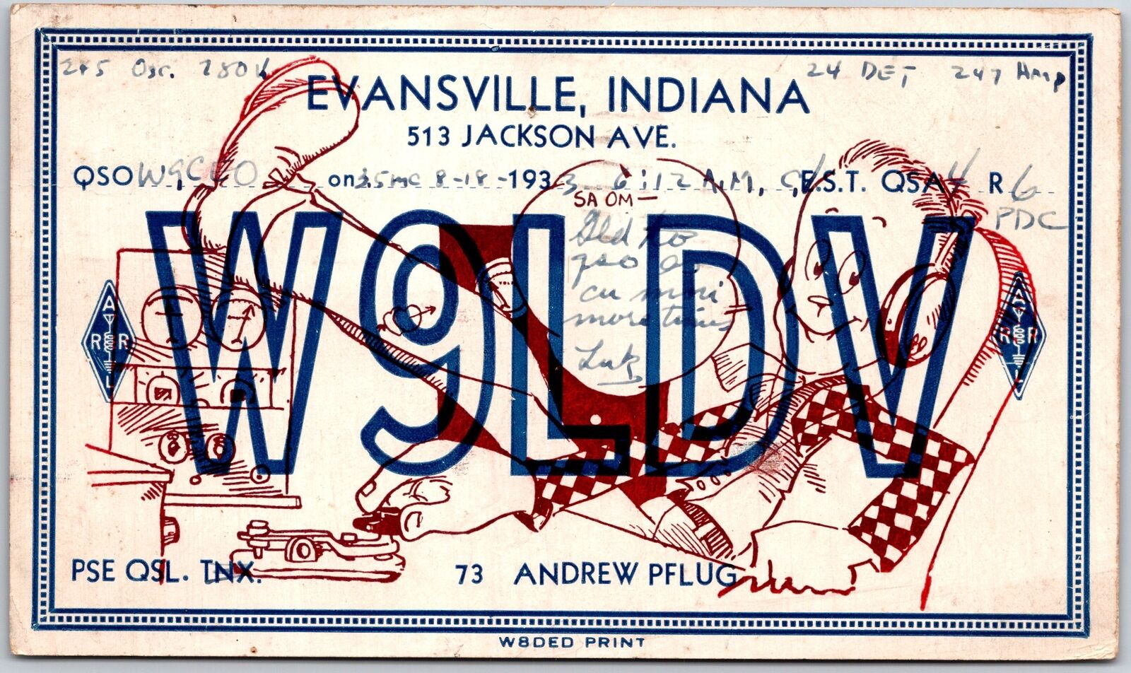1933 QSL Radio Card W9LDV Evansville IN Amateur Radio Station Posted Postcard