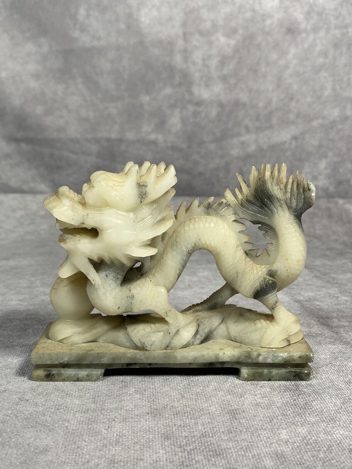 Grey Black Chinese Carved Soapstone Dragon Sculpture