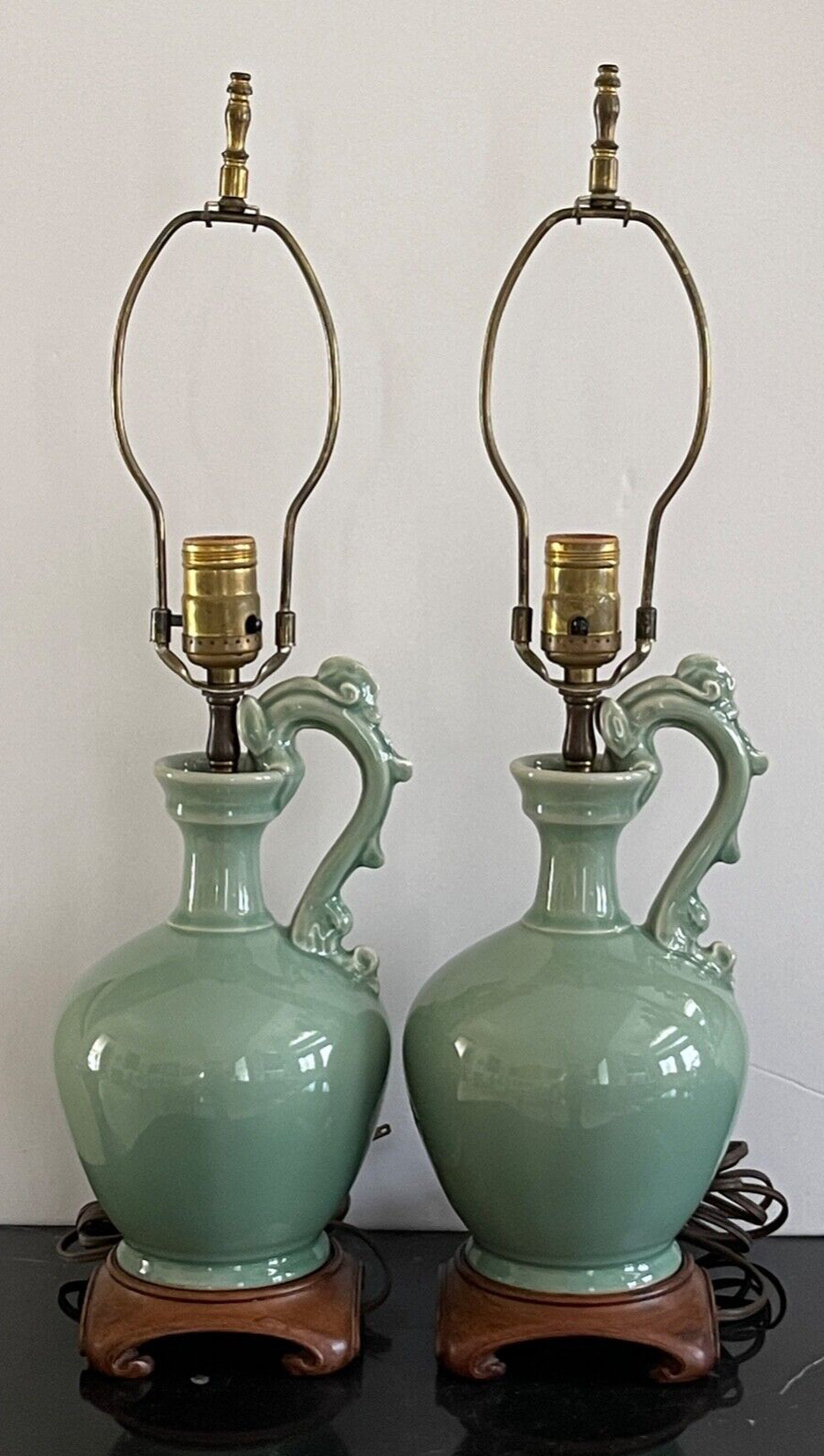 Extraordinary Vintage Pair of Chinese Longquan Hong Kong Celadon Table Lamps