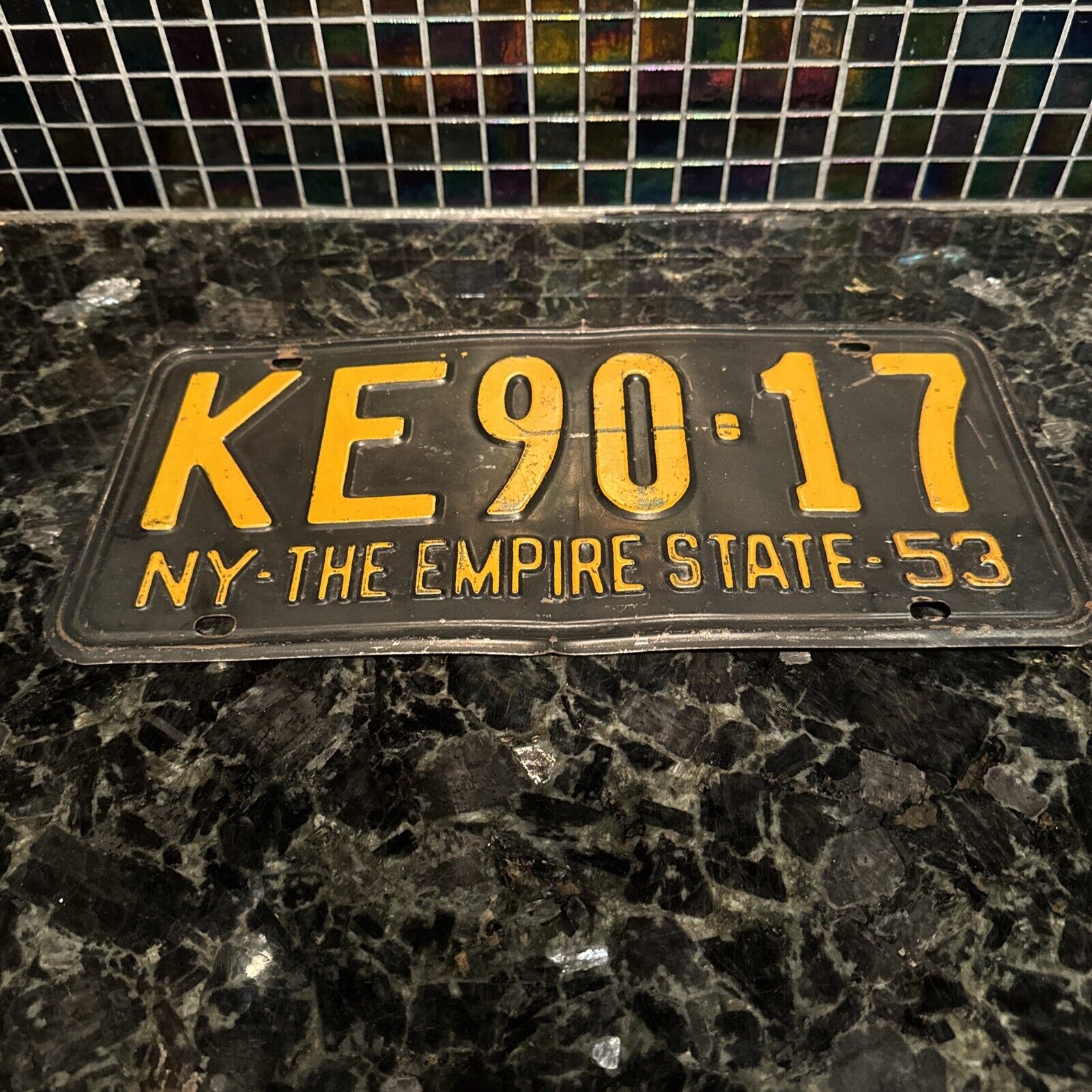 New York LIcense Plate 1953 Tag NY KE90-17 THE EMPIRE STATE 53 GUC