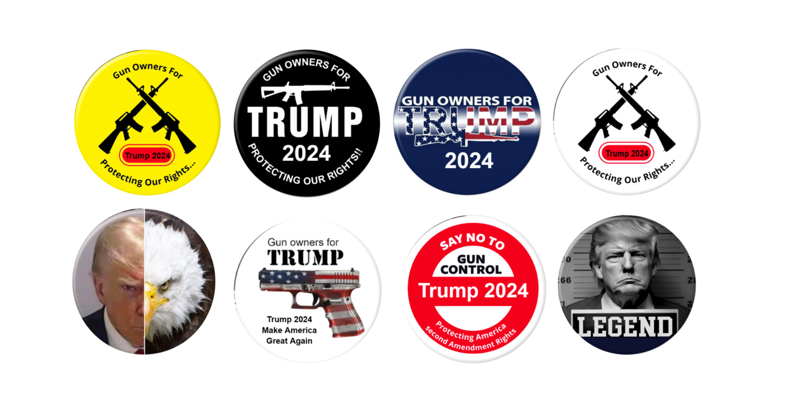 Gun Owners for Trump 2024 pins - Package of 8 buttons (2.25 inches)