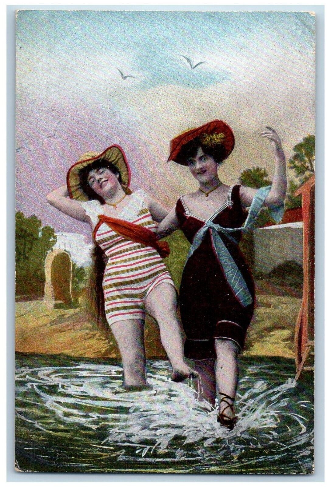 Beach Bathing Beauty Postcard Swimsuit With Hat c1910's Unposted Antique