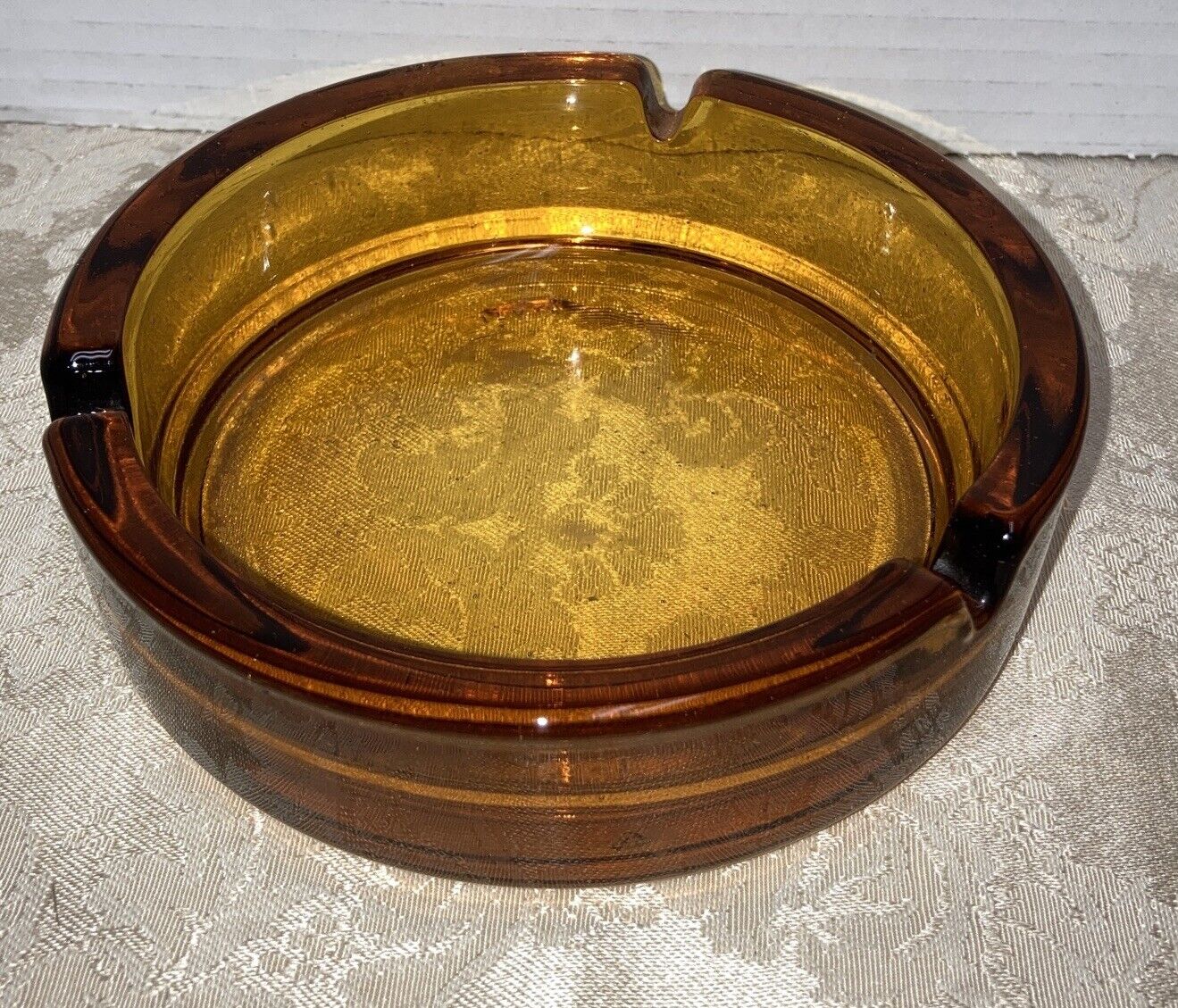 Vintage Amber Ash Tray 5.5”x .5” Heavy thick glass 3 Slots no chips
