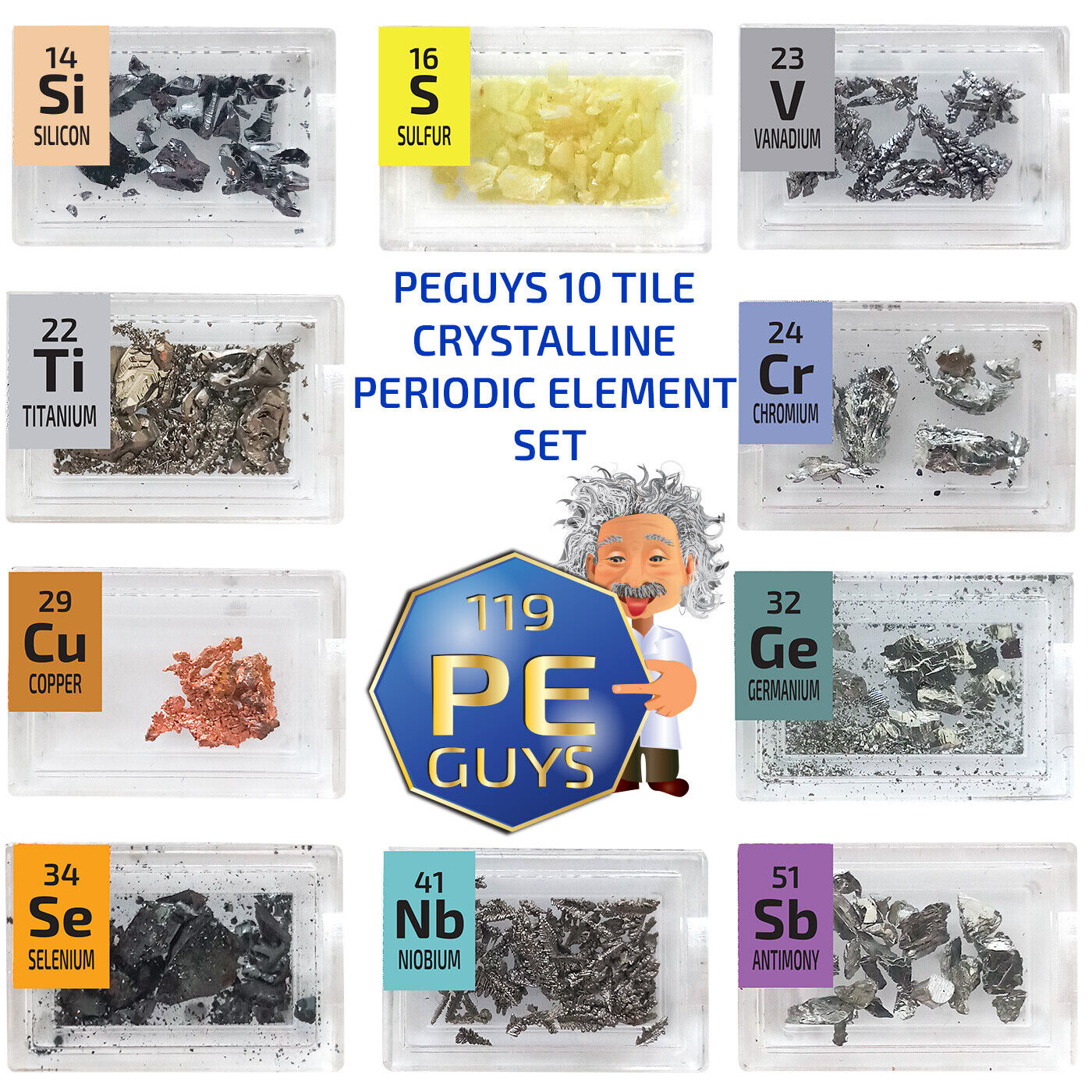 PEGUYS 10 Piece Metal Crystalline High Purity Periodic Element Tile Set