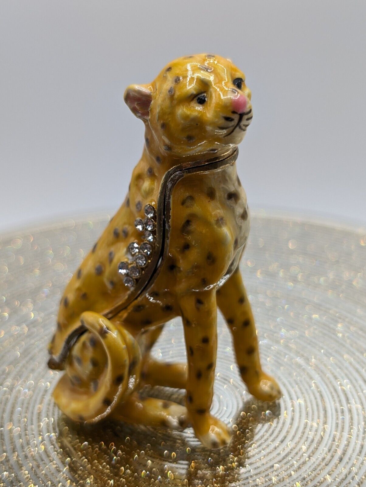 Cheetah Cat Trinket Pill Jewelry Box Collectible Enamel Hinge With Rhinestones 