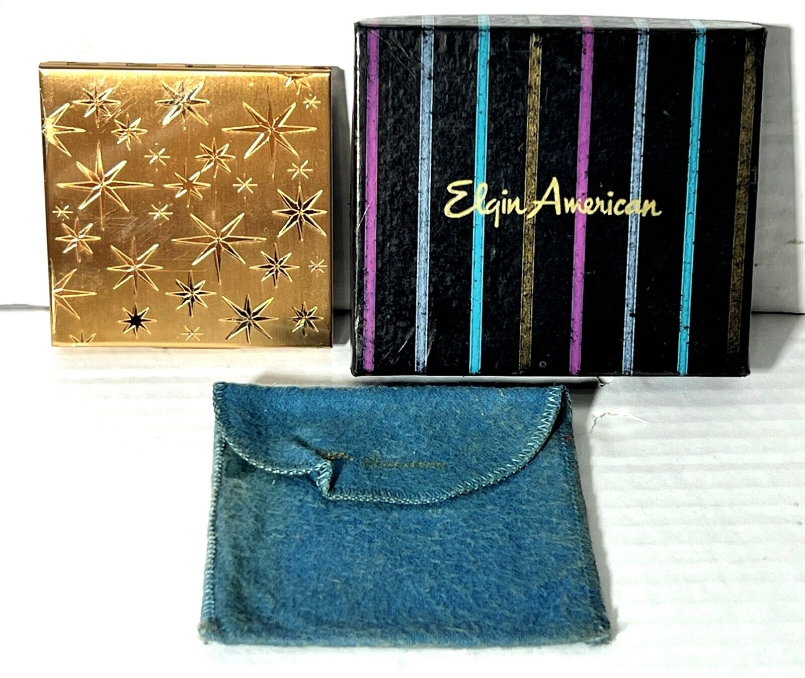 VTG Elgin American Gold-Toned Etched Star Square Powder Mirror Compact Pouch Box