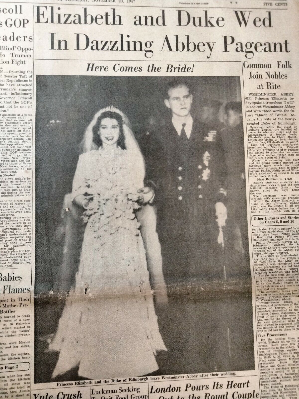 Newspapers- PRINCESS ELIZABETH, DUKE of EDINBURGH WED IN DAZZLING PAGEANT 1947