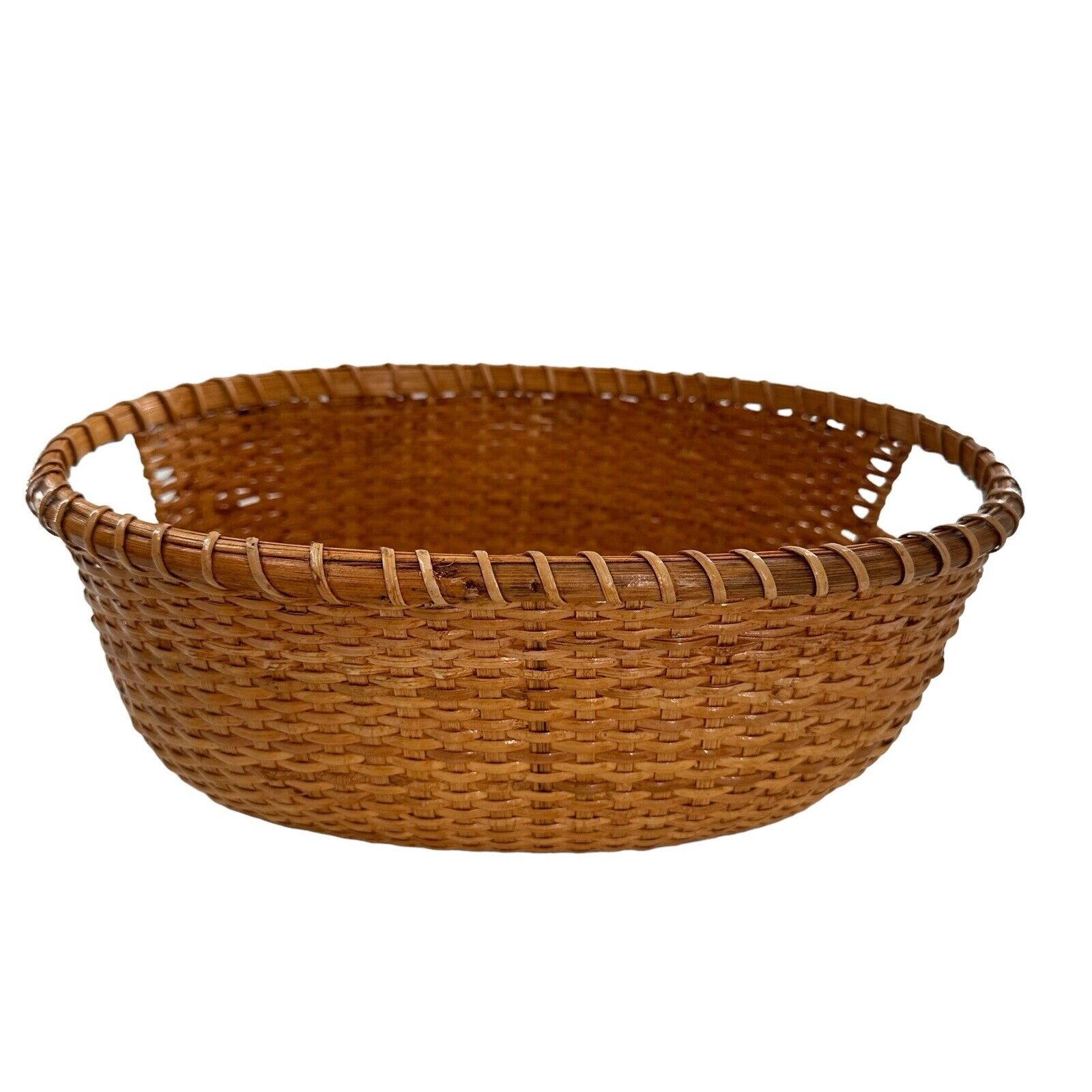 Vintage Oval Shaped Woven Basket Double Handle Wooden Bottom Farmhouse Decor