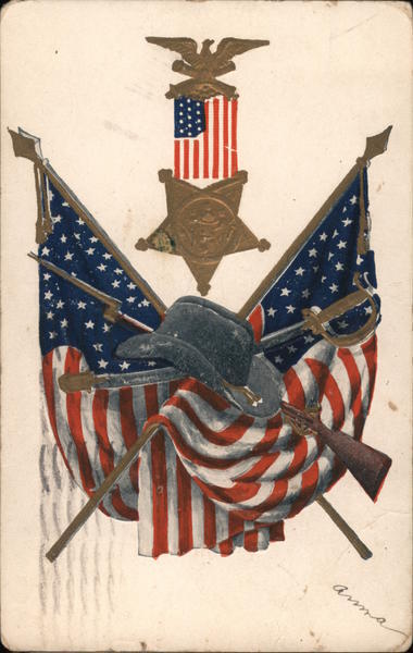 Memorial Day 1908 American patriotic insignia Antique Postcard 1c stamp Vintage