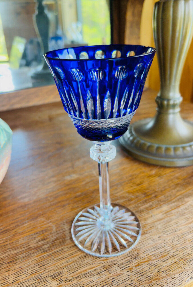 AJKA CRYSTAL ~ Fabergé Xenia Blue Large Wine Glass ~ Cobalt Etched