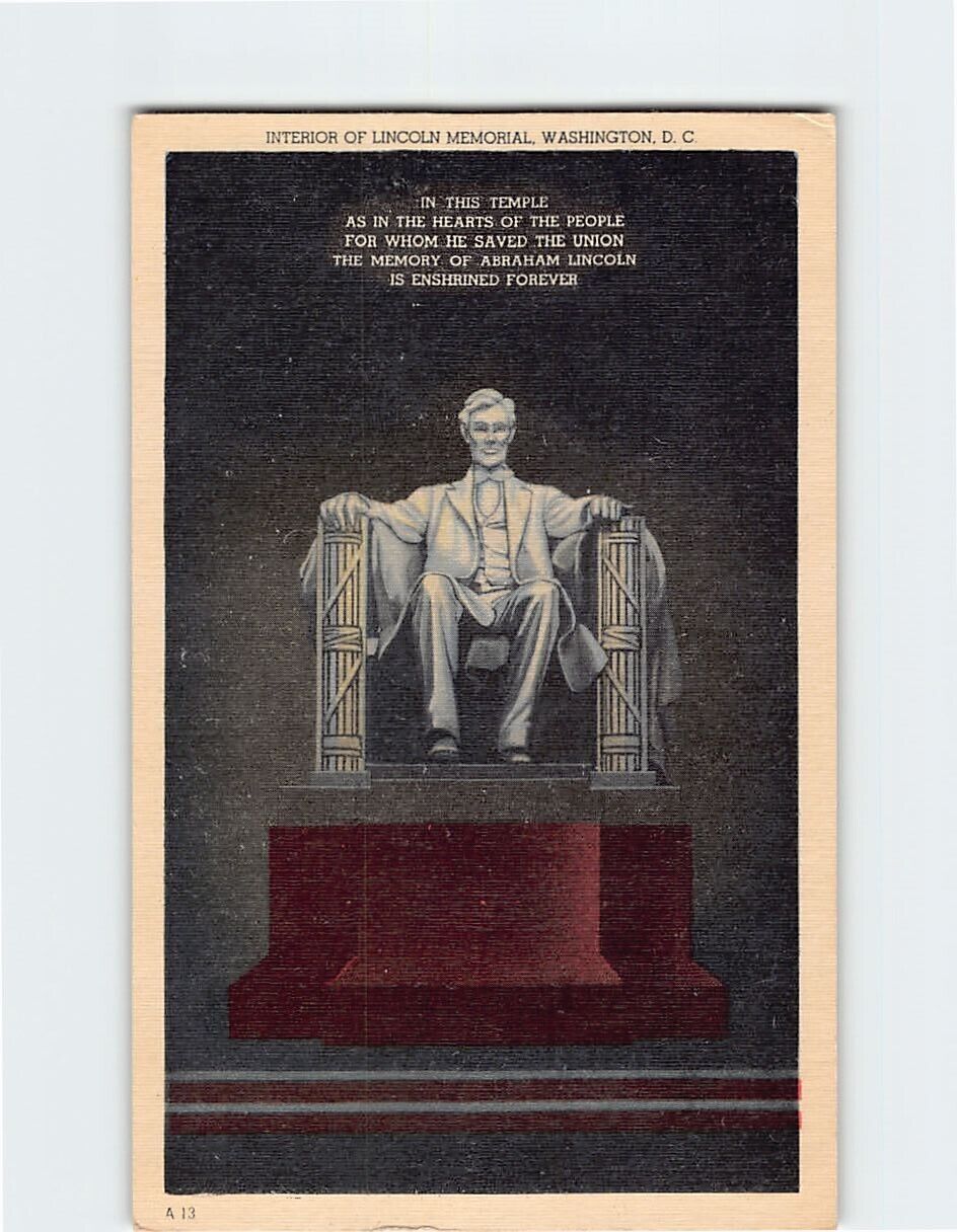 Postcard Interior of Lincoln Memorial Washington DC USA