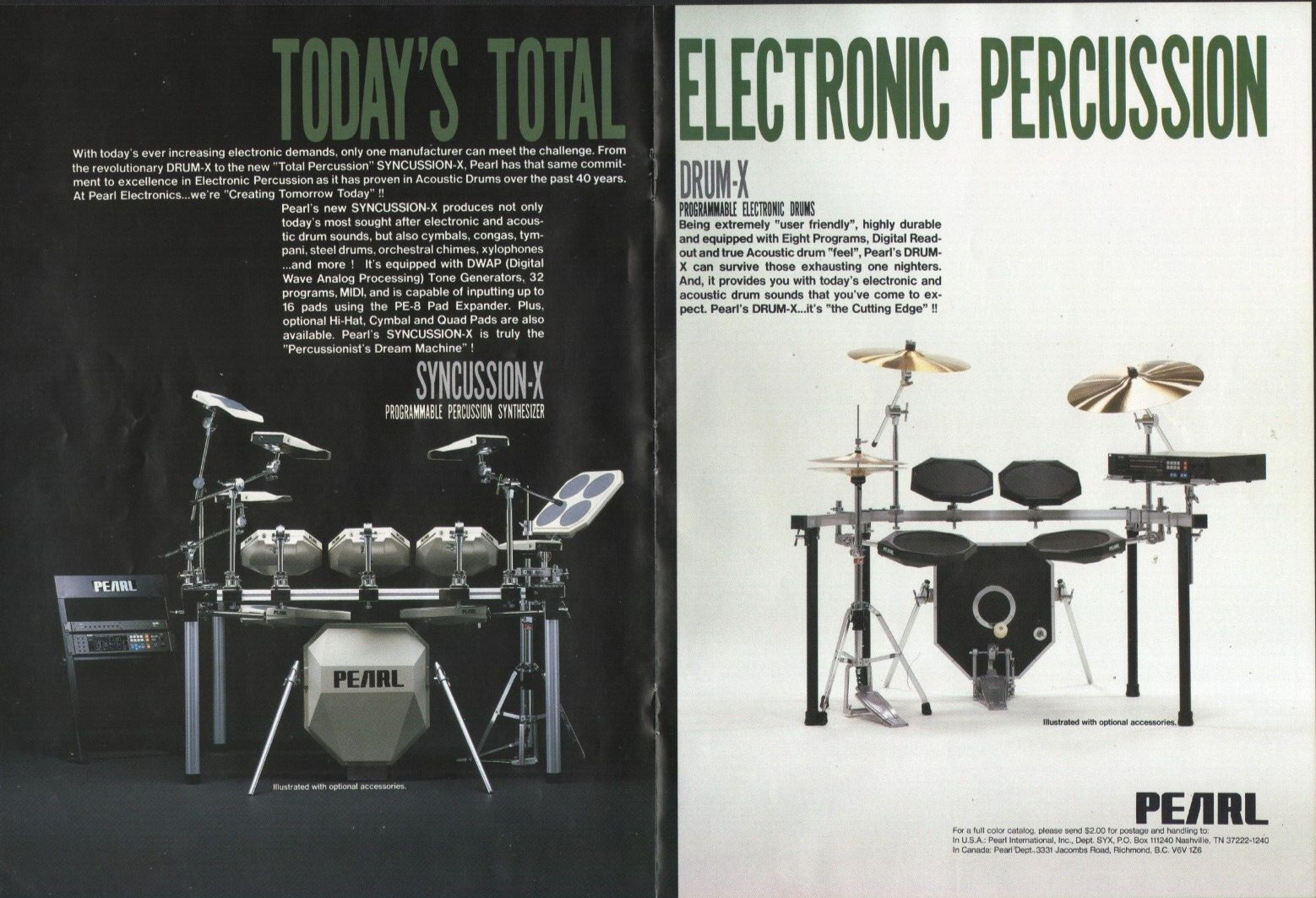 1986 2pg Print Ad of Pearl Syncussion-X & Drum-X Electronic Drums