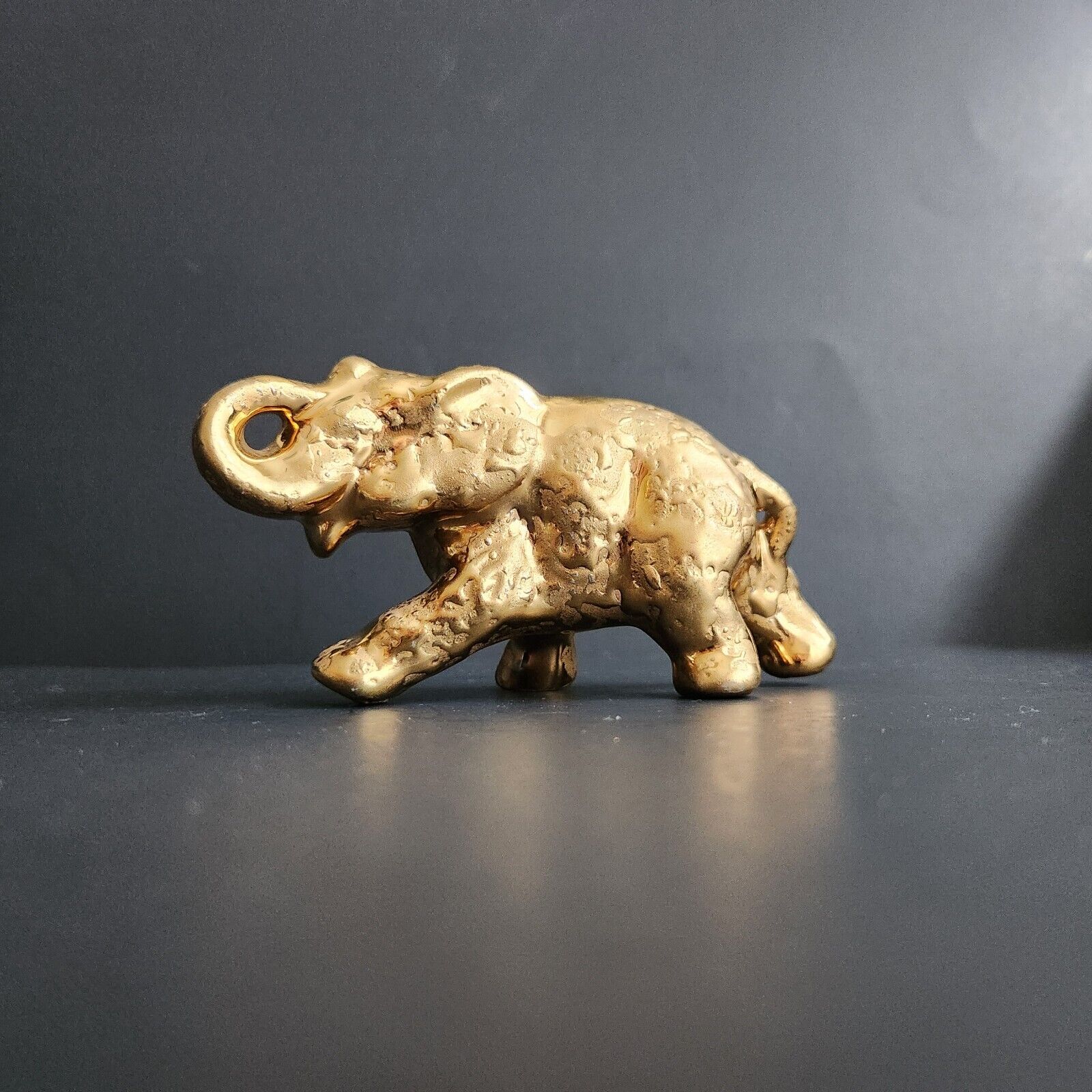 Vintage Weeping Gold Ceramic Elephant Figurine 22K Gold