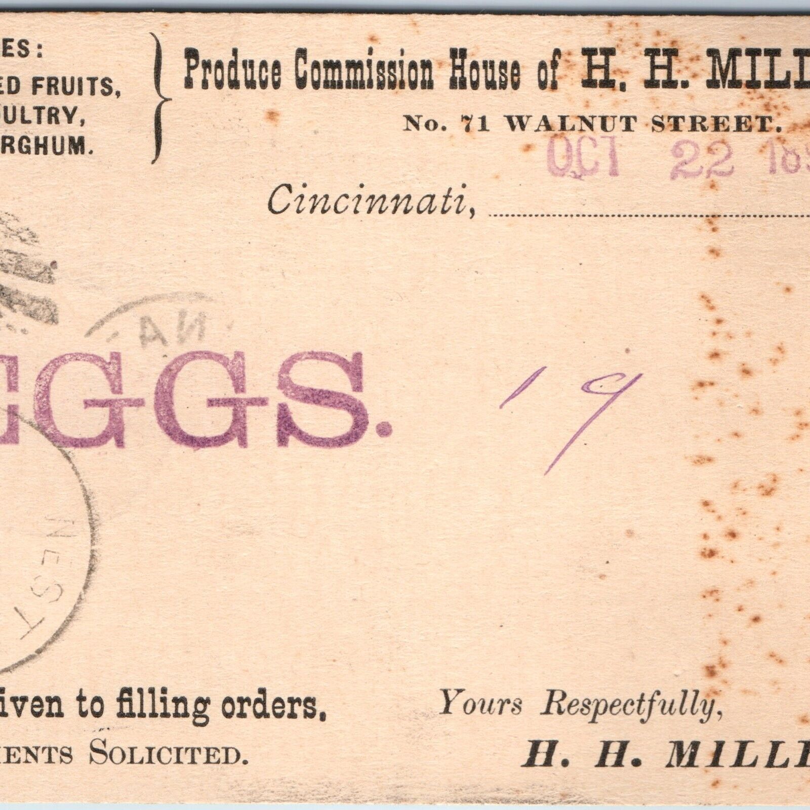 1891 Cincinnati OH Produce Commission House of HH Miller Postcard Osmans PC A256