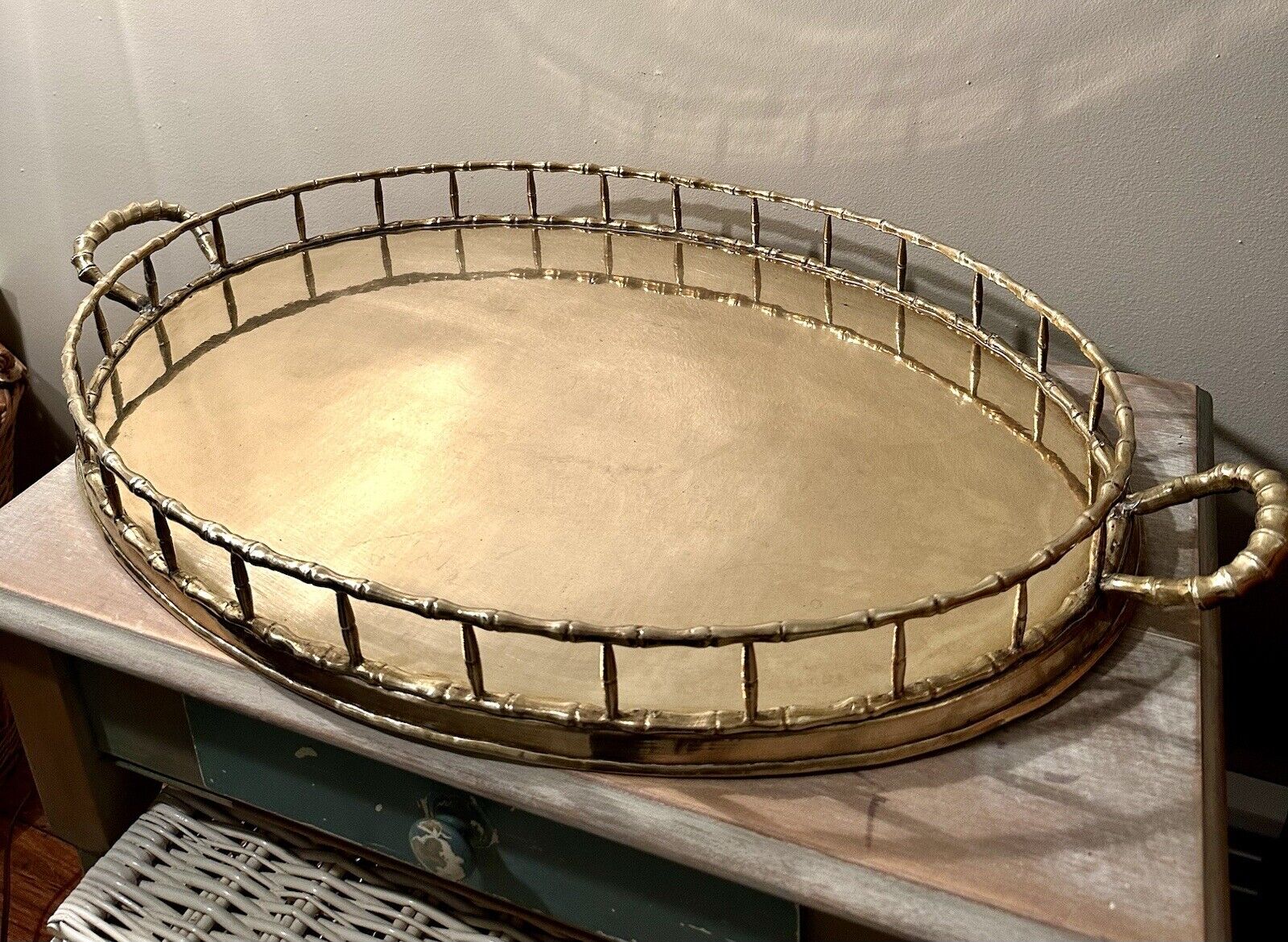 RARE XL SIZE Hollywood Regency Midcentury Faux Bamboo Brass Oval Tray 28\