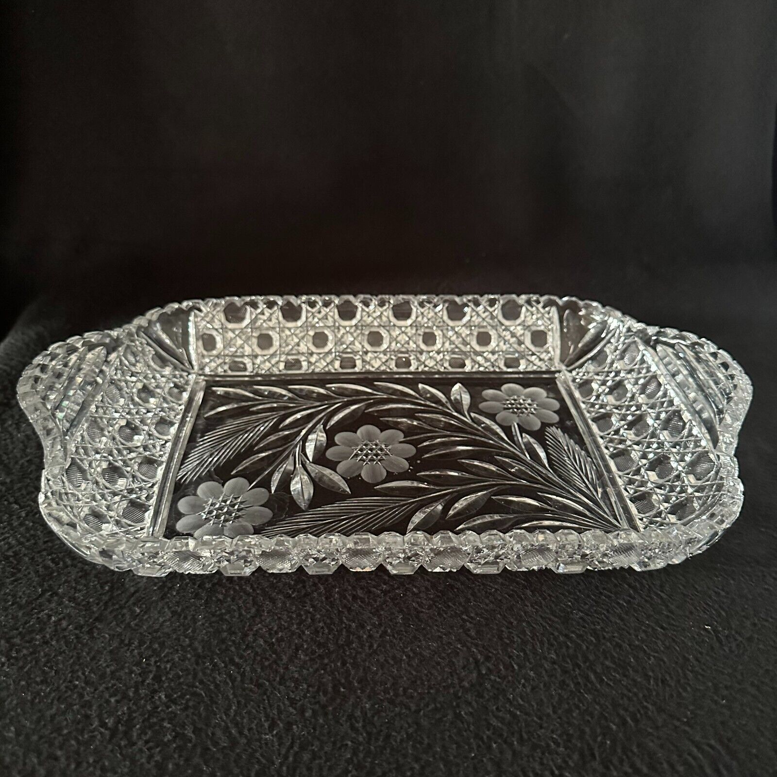 American Brilliant Period Clear Cut Crystal Glass Handled Tray Bowl Dish 14\