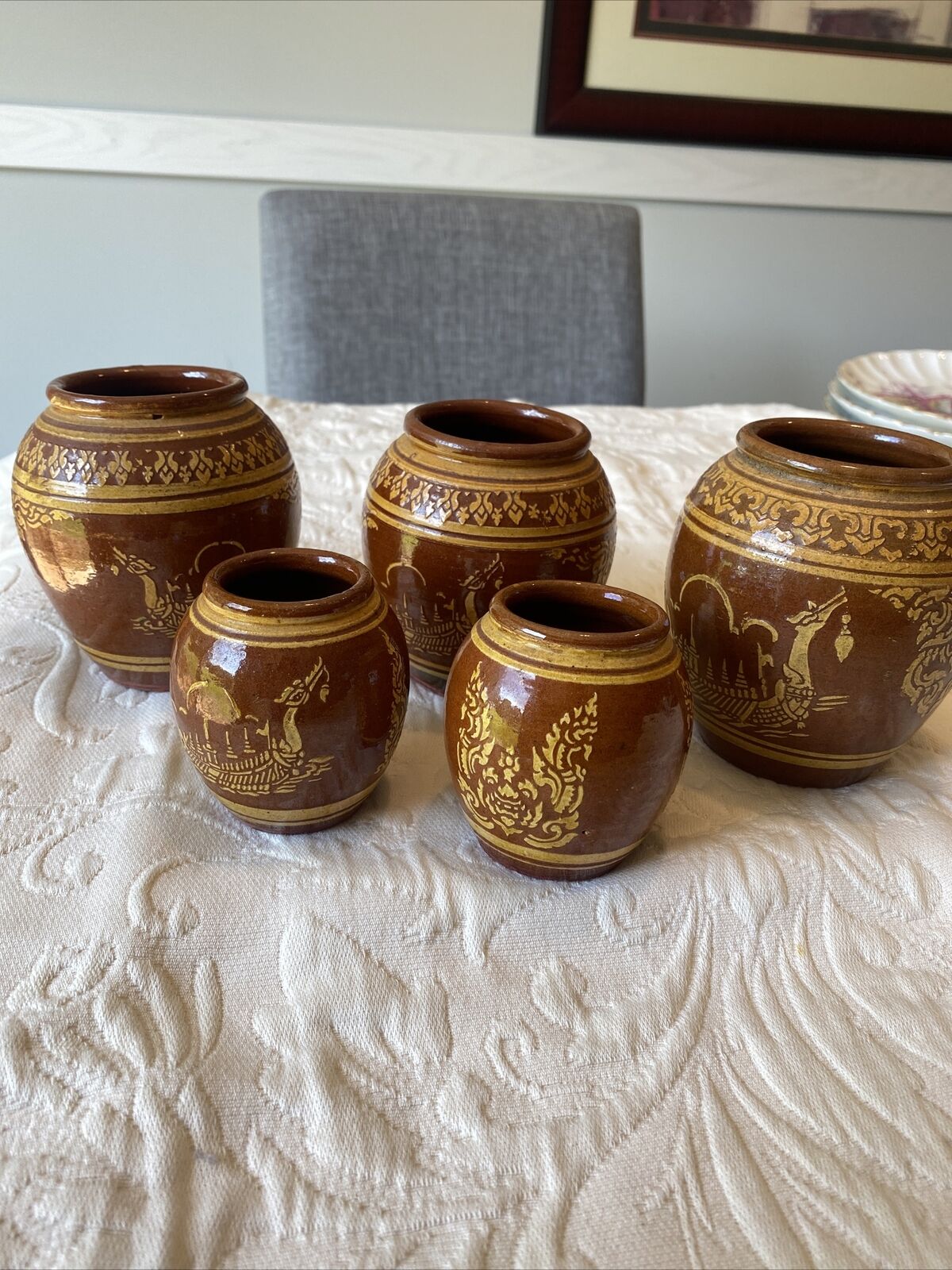 VINTAGE HAND PAINTED From Thailand BROWN & YELLOW Clay WARE DRAGON VASES