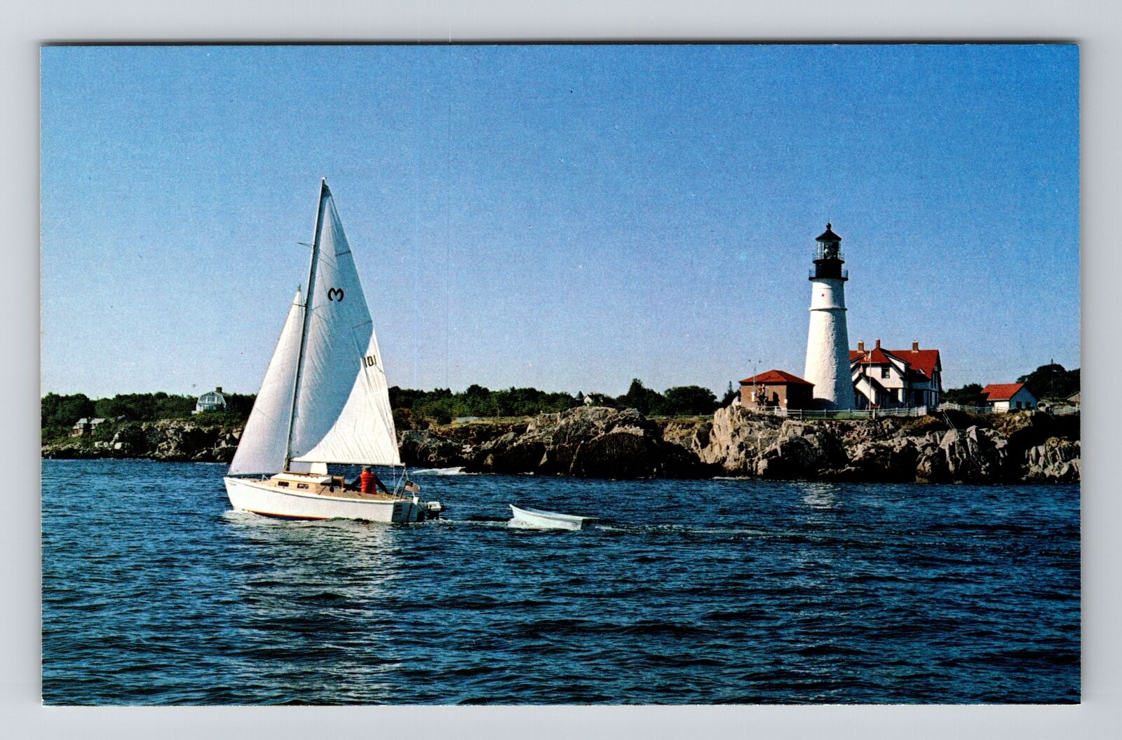 Portland MA-Massachusetts, Sailing Past Head Light, Vintage Postcard
