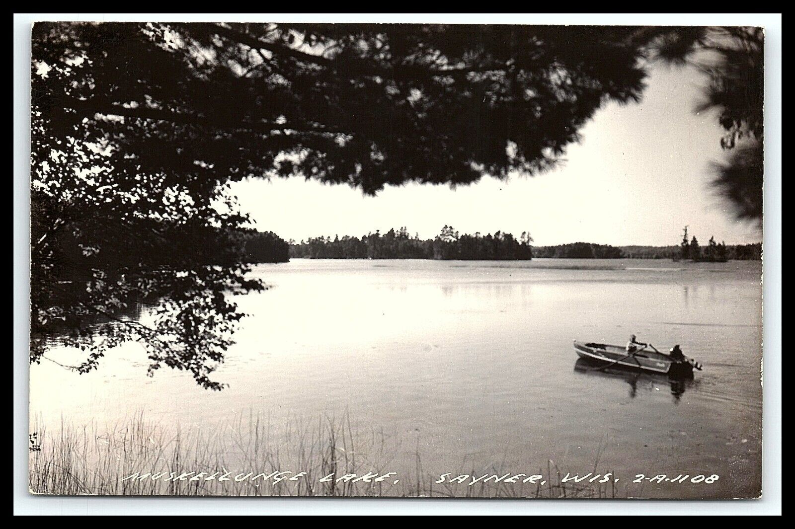 Sayner Wisconsin Muskellunge Lake Postcard RPPC Posted 1954 Motorboat    pc119