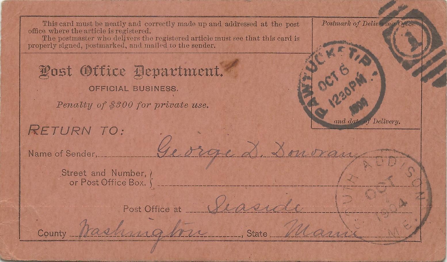 REGISTRY RETURN RECEIPT - P.O. DEPT. OFFICIAL BUSINESS - cancel 1904