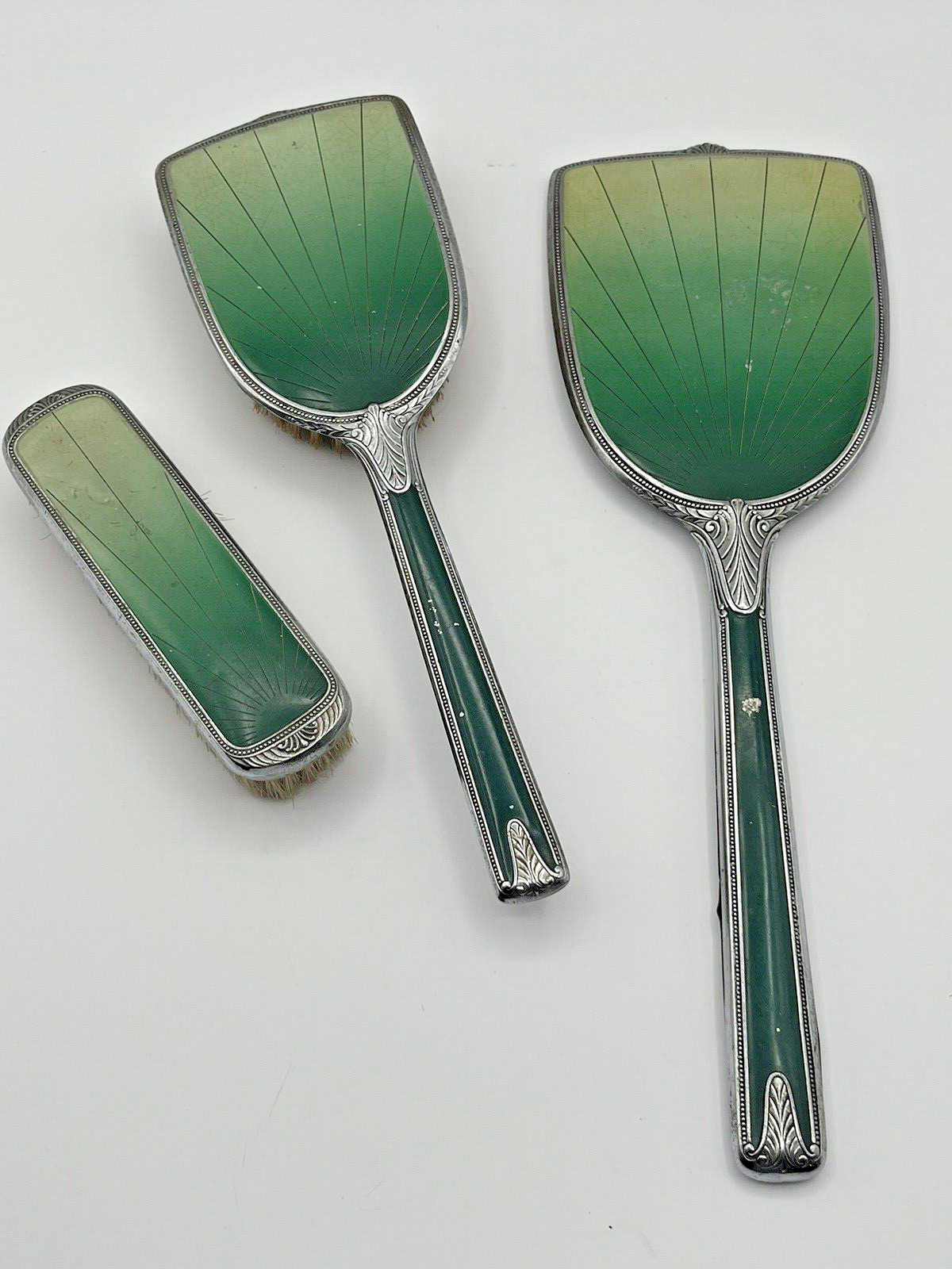Vintage 3 Piece Art Deco Green Vanity Set Silver Chrome Hair Cloth Brush Mirror