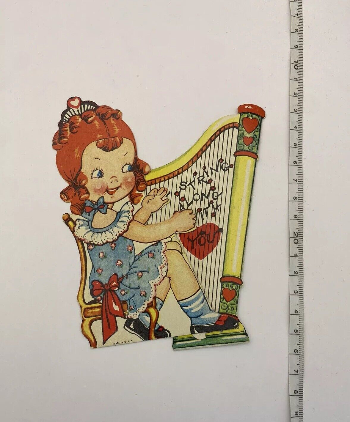 Antique Valentine Harpist Kitsch Card Made In USA 1930s Vintage Ephemera