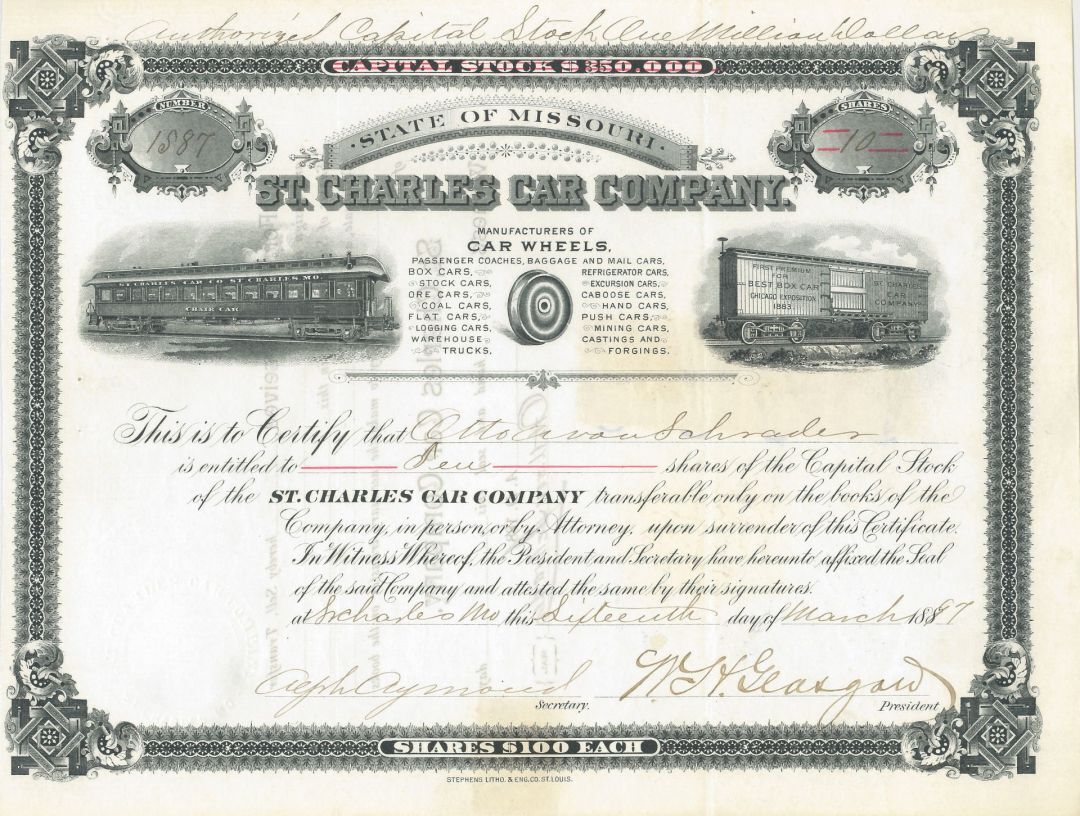 St. Charles Car Company - 1897 dated Railroad Car Company Stock Certificate - Ra