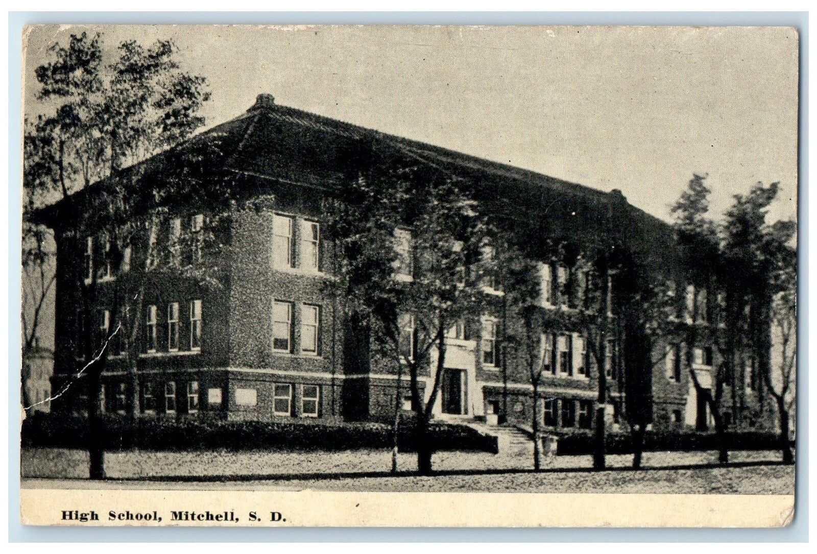 1915 High School Exterior Roadside Mitchell South Dakota SD Posted Tree Postcard