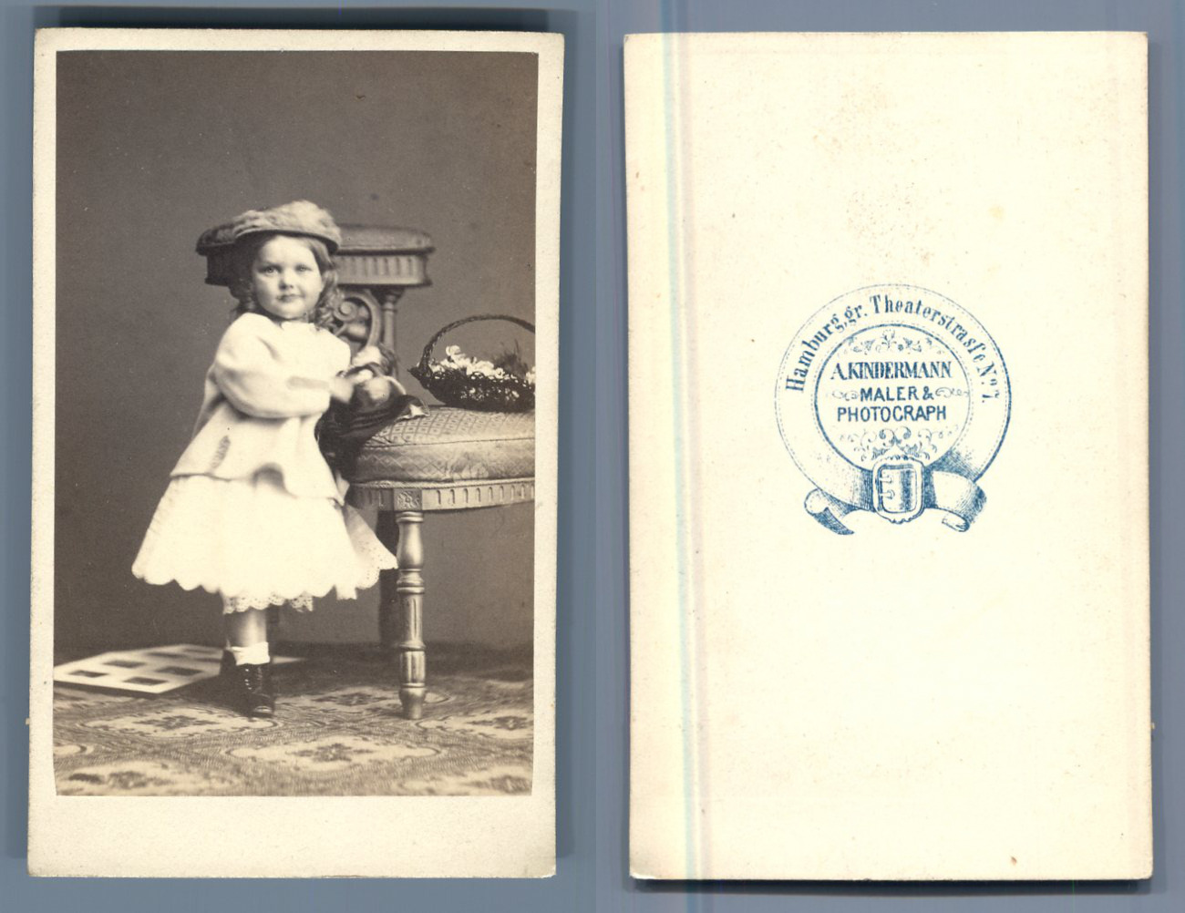 Kindermann, Hamburg, little girl in CDV basket. vintage albumen print.  Pulg