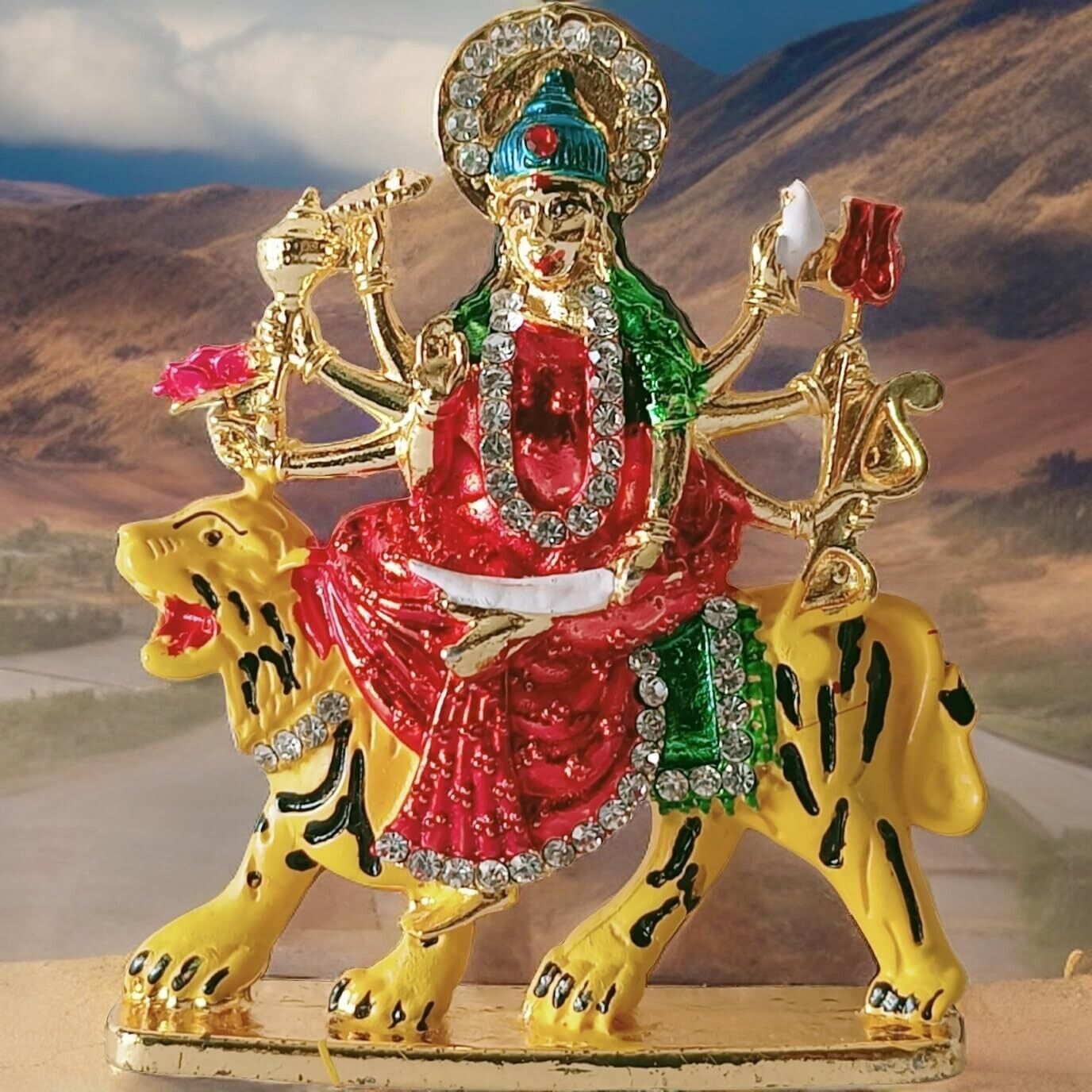 Goddess Vaishno Devi MATA Maa Durga Sherawali MATA Idol on Lion Metal statue