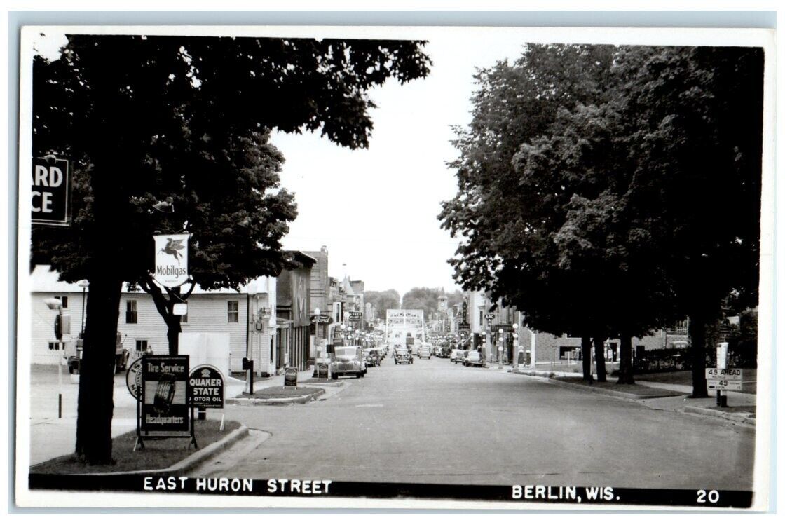 c1940's East Huron Street Mobilgas Bar Firestone Berlin WI RPPC Photo Postcard