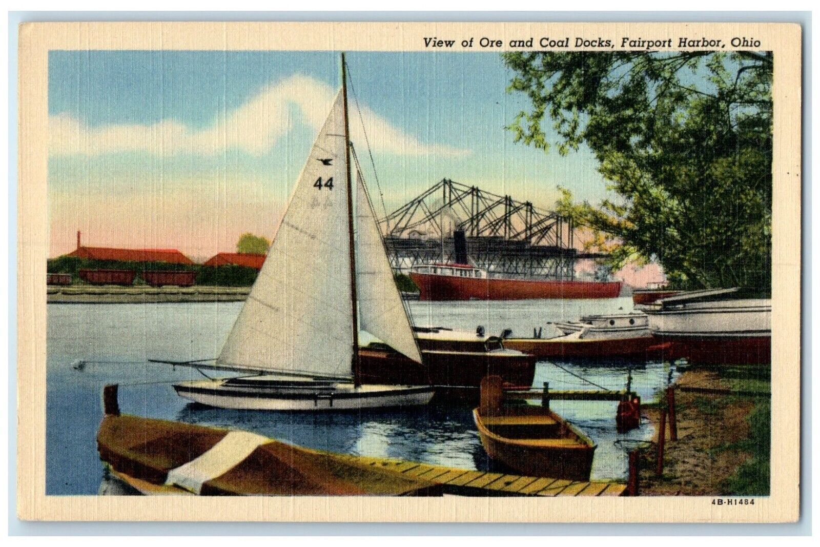 c1940 View Ore Coal Docks Canoe Boat Bridge River Fairport Harbor Ohio Postcard