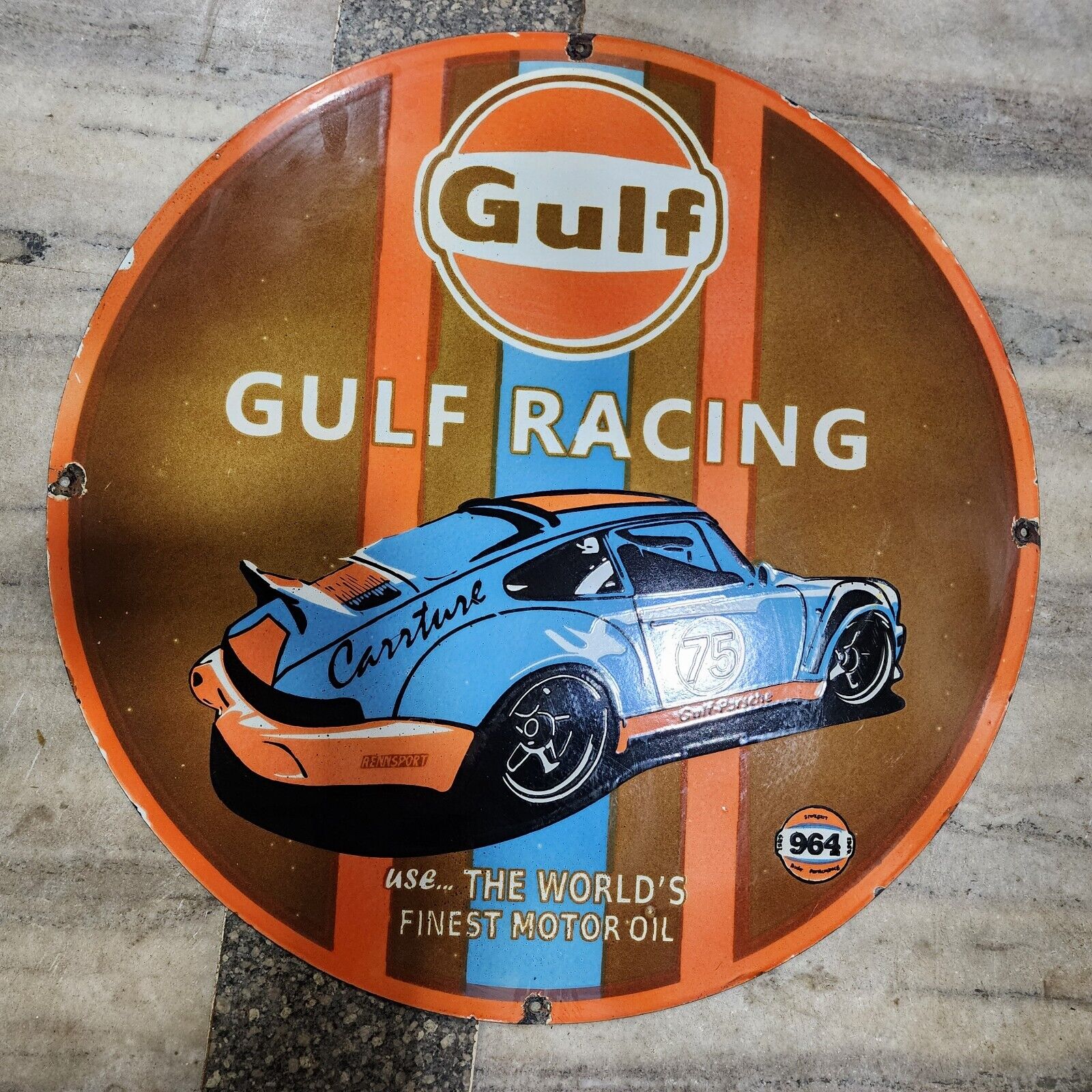 GULF RACING PORCELAIN ENAMEL SIGN 30 INCHES ROUND