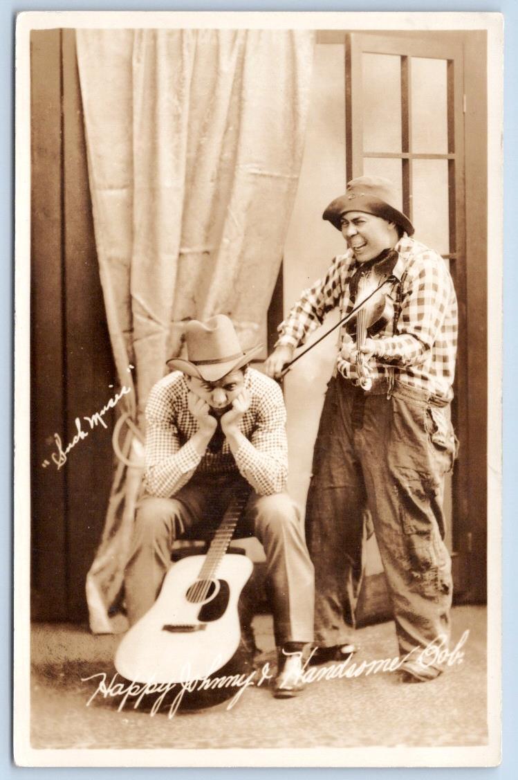 RPPC HAPPY JOHNNY & HANDSOME BOB HILLBILLY COUNTRY SINGERS FIDDLE HUMOR POSTCARD