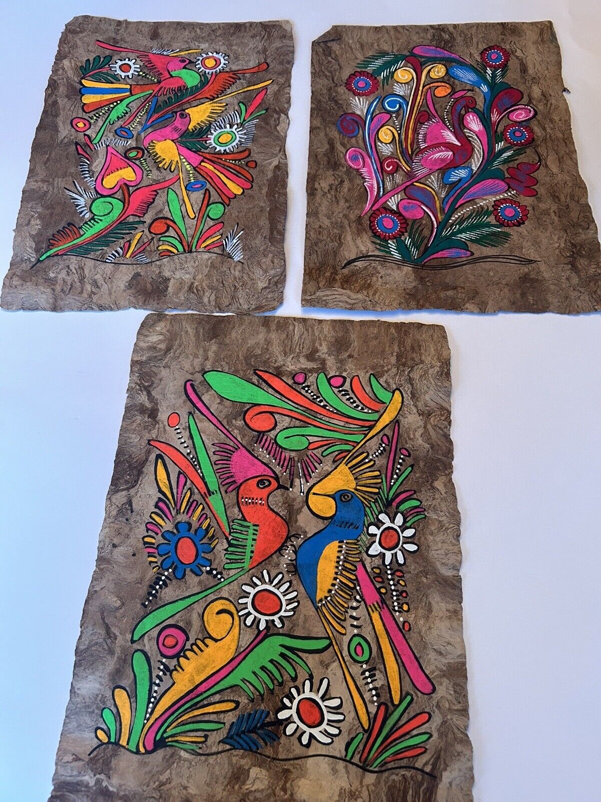 Vintage Mexican Amate Bark Paper Hand Painted Folk Art Neon Bird 1970’s Set Of 3