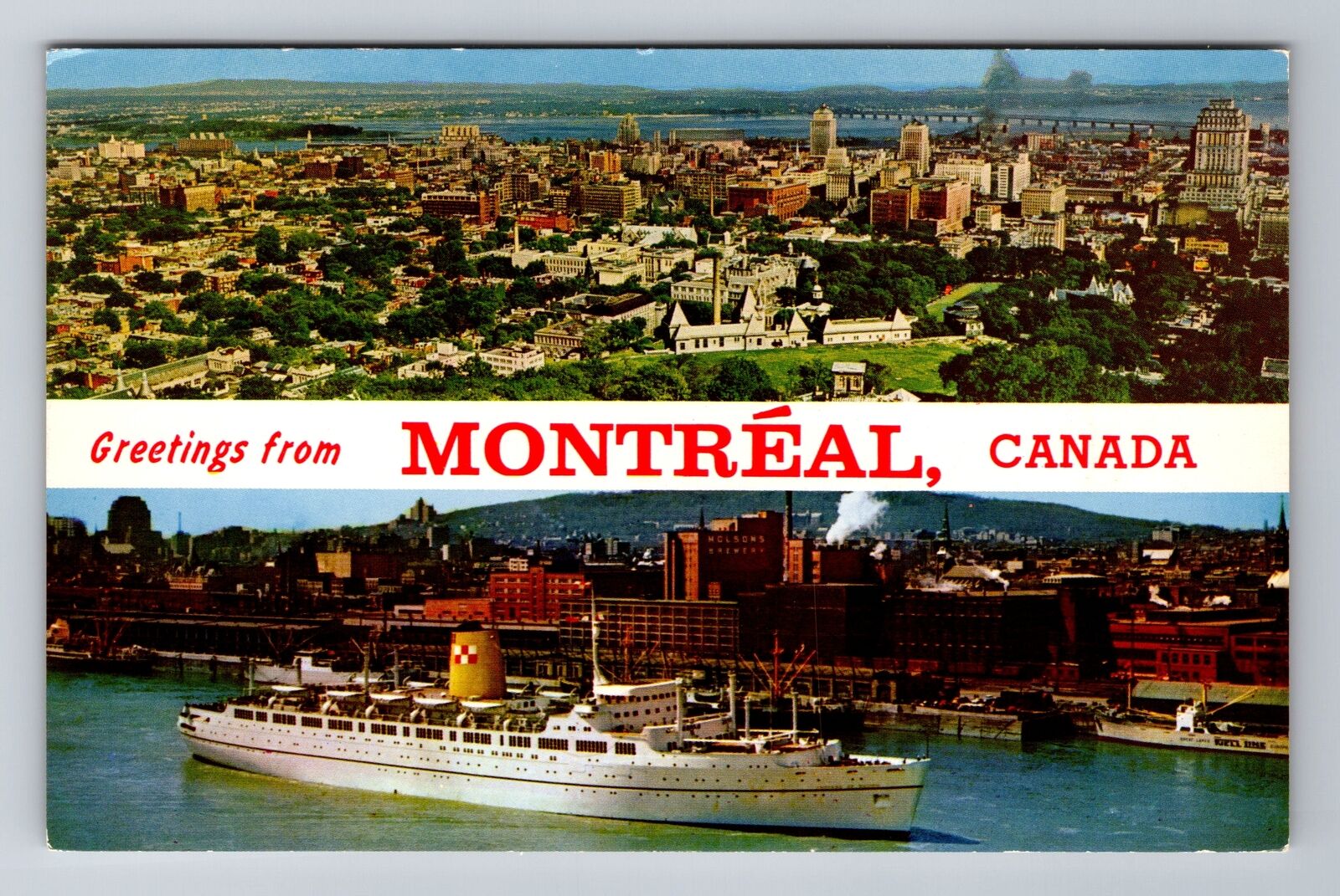 Montreal-Quebec, Aerial Banner Greetings, Antique, Vintage Souvenir Postcard
