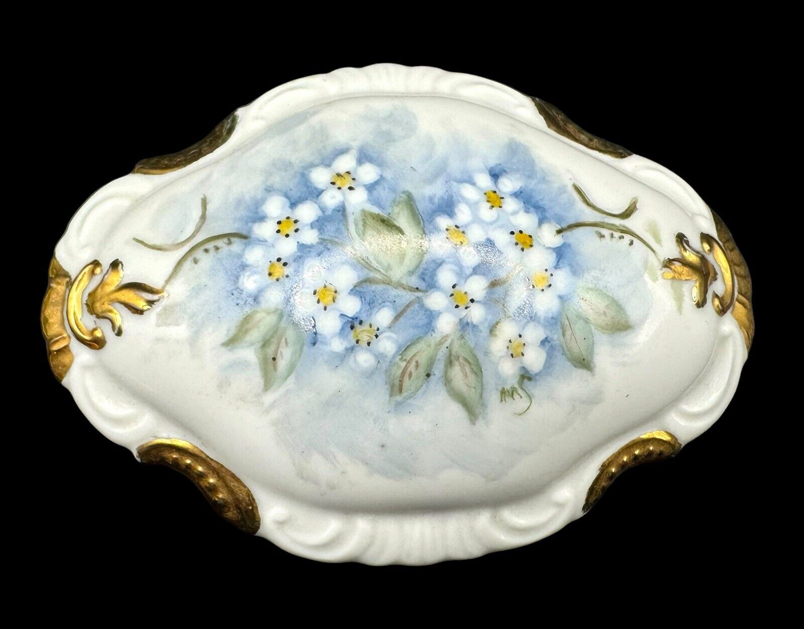 Vintage Hand Painted Porcelain Trinket Keepsake Box Oval Blue Flowers Gold Gilt