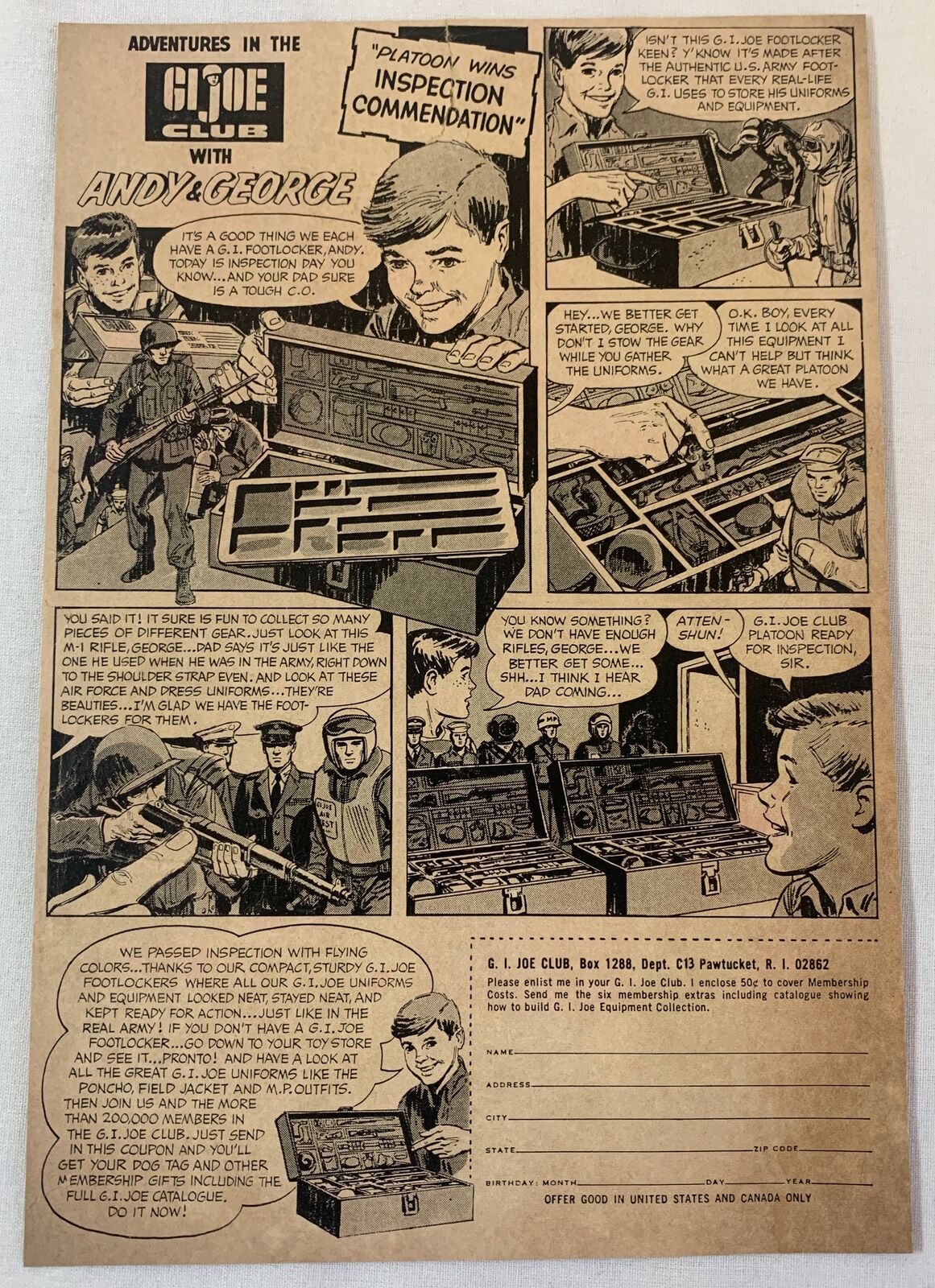 1966 GI JOE ad page ~ ANDY & GEORGE ~ Platoon Wins Inspection Commendation