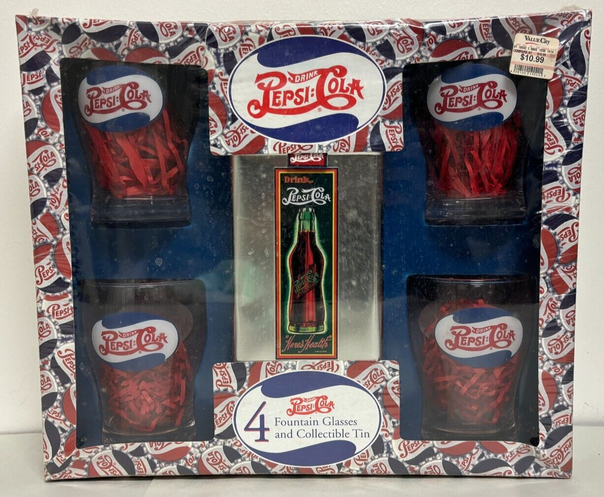 Pepsi-Cola 4 Fountain Glasses and Collectible Tin Gift Set - Sealed
