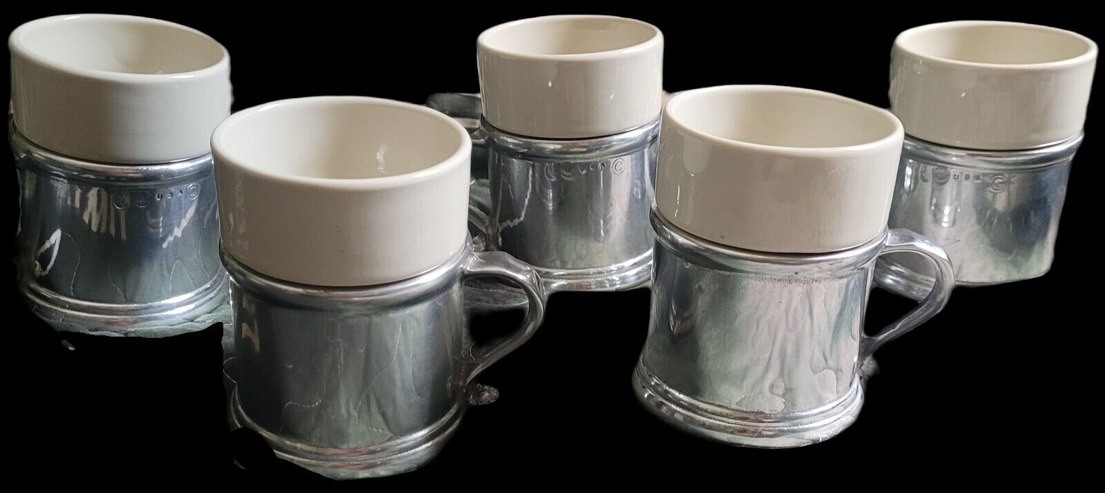 5 Wilton Columbia RWP Armetale Pewter Mugs Plough Tavern w Ceramic Inserts 1972